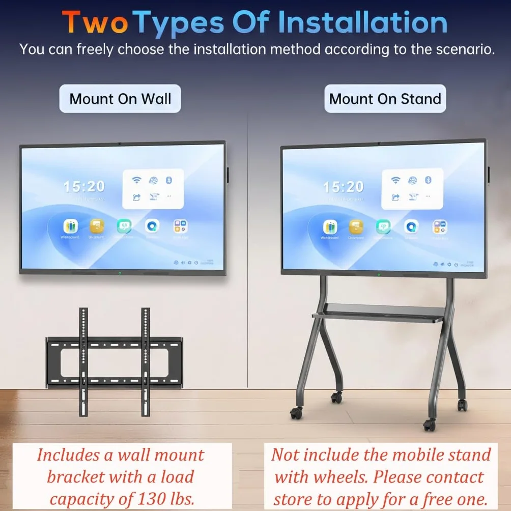 MWE 86 Pulgadas 4K UHD White Board, 8+64GB, Pantalla Tactil Pizarra Digital Interactiva, Pizarra Electrónica Grande, Eingebautes Mikrofon, Kamera, Adecuado para la Oficina, la Educación y el Hogar