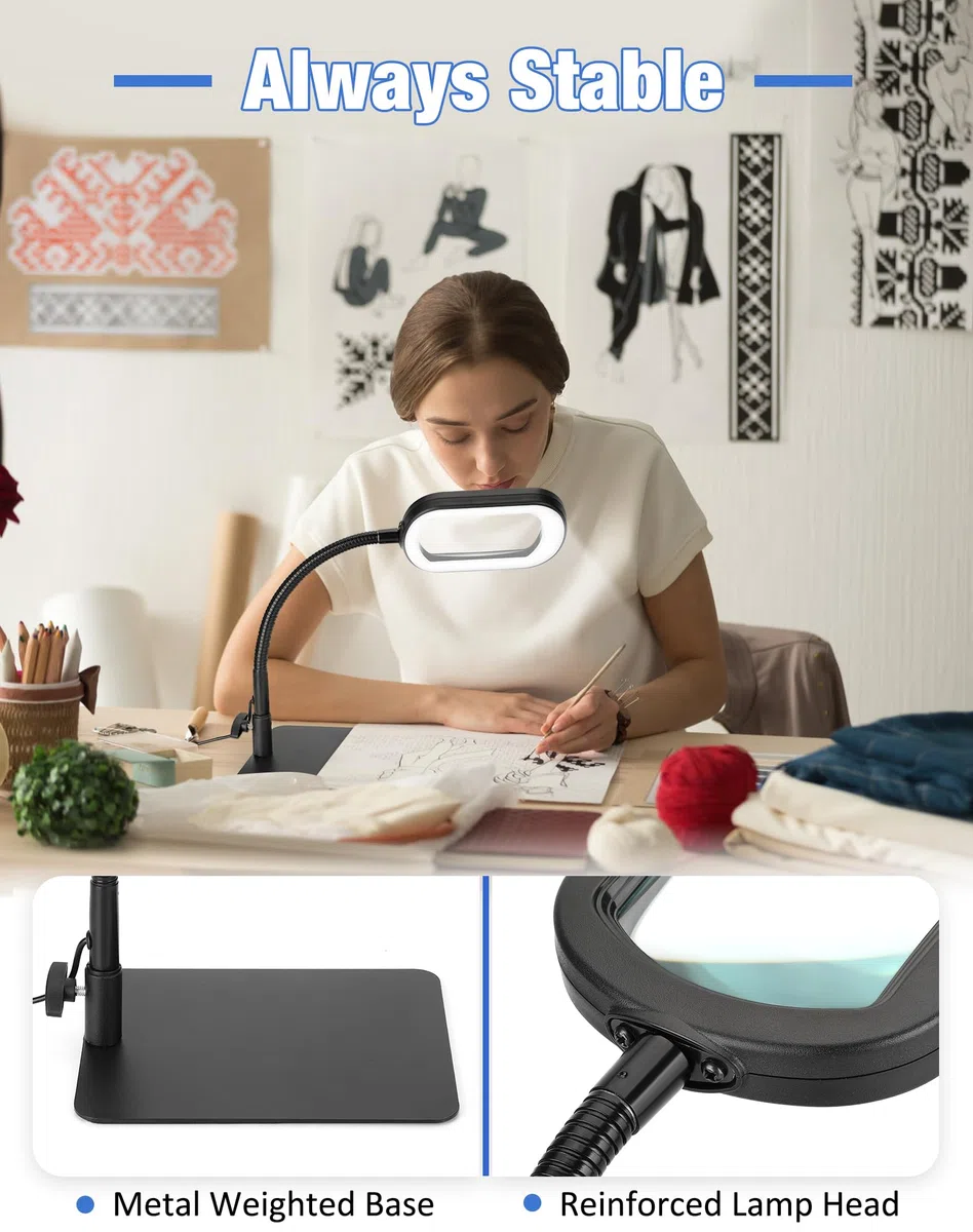 IVMAIE Lupa de 10 aumentos con luz y soporte, lupa LED con luz manos libres, lámpara de escritorio regulable para trabajos cercanos, manualidades, lectura, punto de cruz, reparación, pasatiempos,
