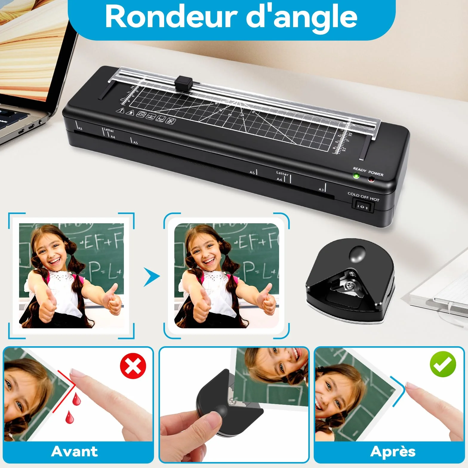 Plastificadora A3 Laminadora en Frío con 40 Bolsas A3 A4 A5 A6, Cortador de Papel y Redondeador de Esquinas, para Oficina, Hogar y Escuela (A3+40 Hojas)