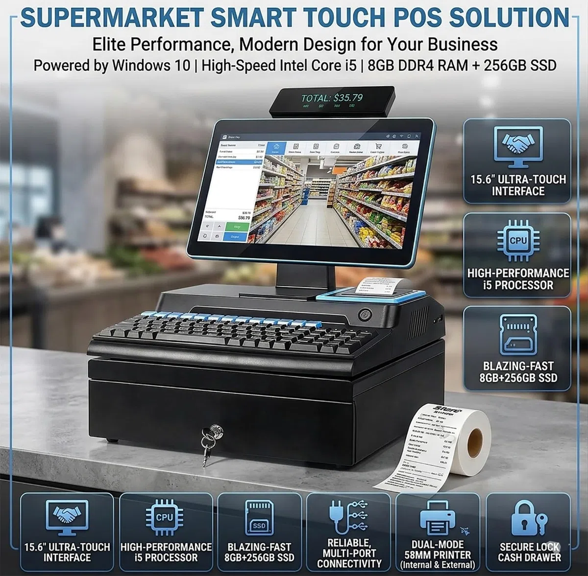 Caja registradora con Pantalla táctil de 15,6", Sistemas TPV Todo en uno, procesador i5, 8 GB de RAM, SSD de 256 GB. Incluye Impresora de Recibos