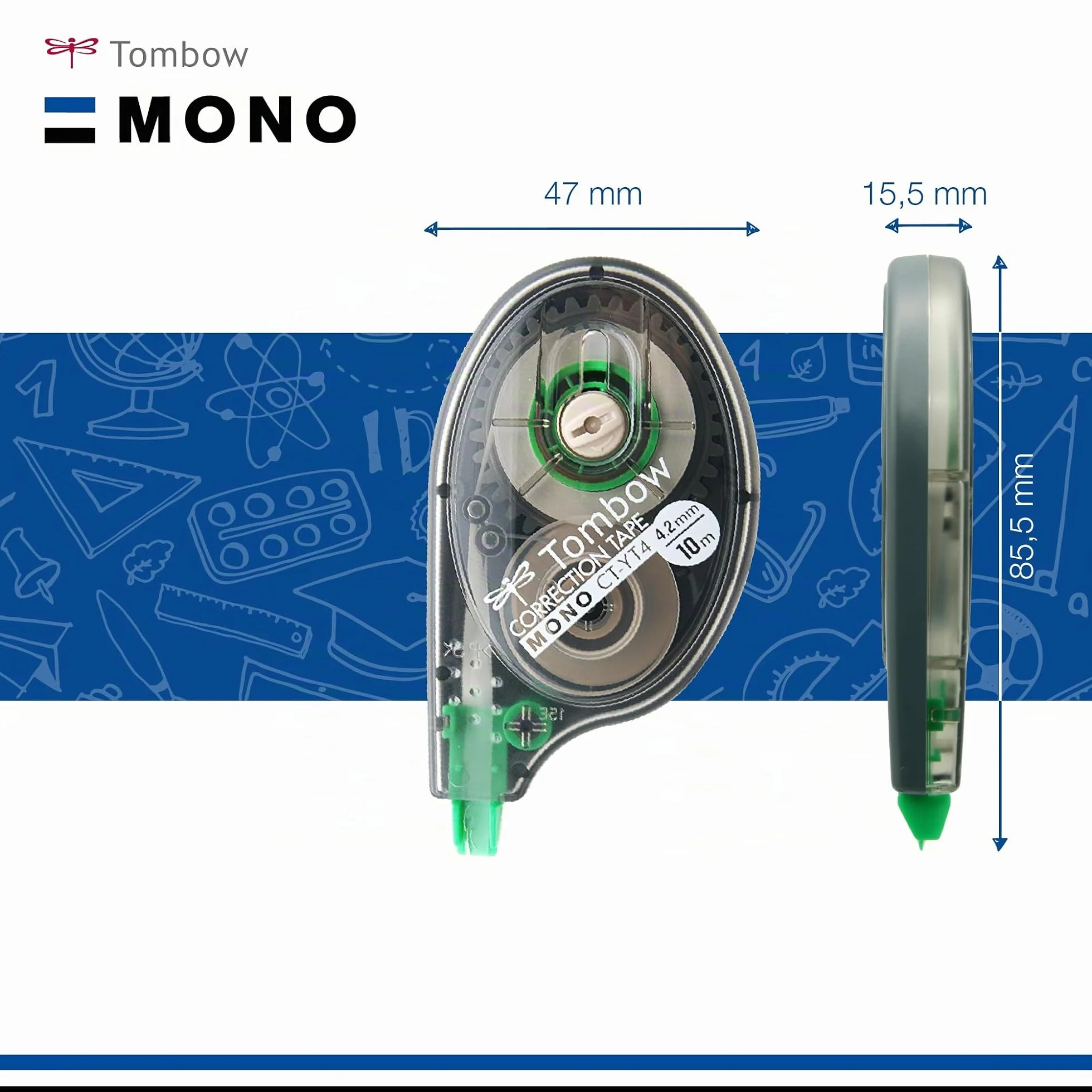 Tombow Mono CT-YT4 - Cinta correctora (10 unidades, caja transparente, 4 mm x 10 m)