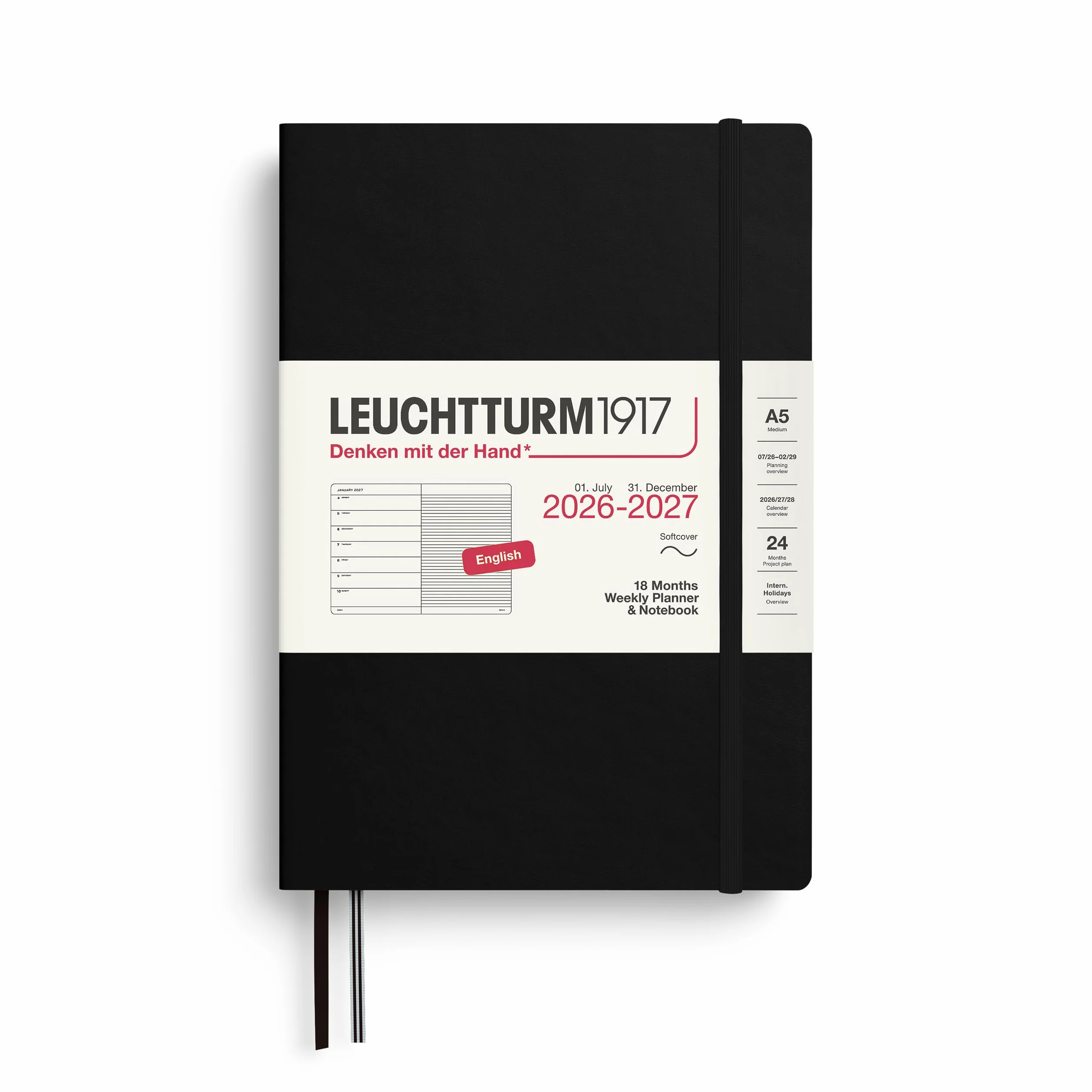 LEUCHTTURM1917 Agenda semanal 2027 A5 con cuaderno, a rayas, en inglés, 18 meses de julio de 2026 a diciembre de 2027, tapa blanda, 210 x 145 mm, vista semanal izquierda + página de notas a la derecha