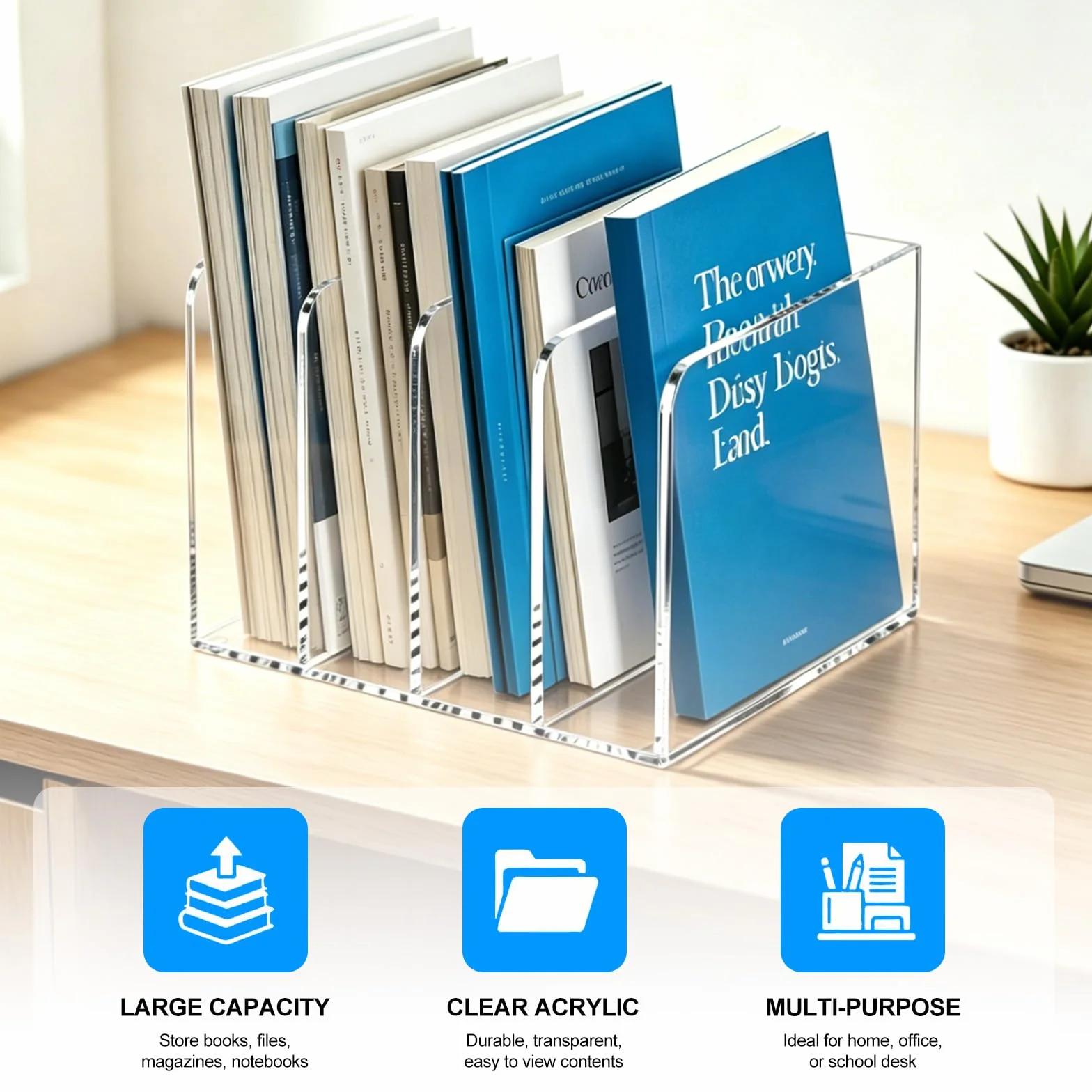 Revistero de acrílico, partición transparente, soporte para libros y organización de oficina y almacenamiento, documentos, libros, tabletas, cartas, organizador antideslizante (4 compartimentos)
