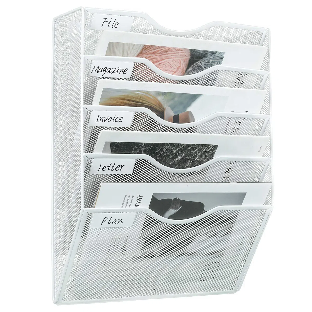 PAG Organizador de Archivos de Oficina Para Colgar en la Pared, Revistero Pared De Malla Con 5 Bolsillos , Organizador Pared Vertical Para Documentos de Oficina,Blanco
