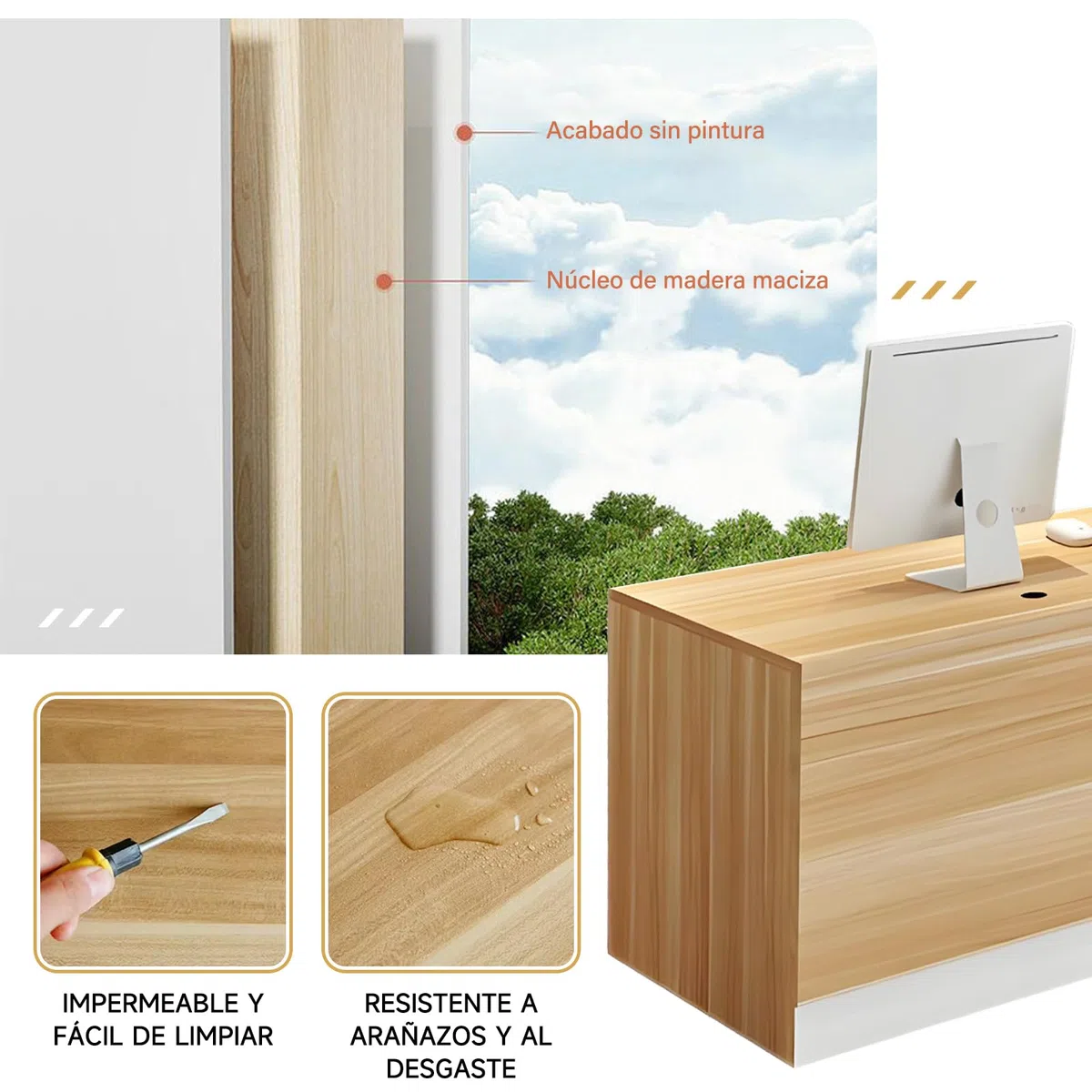 Mostrador Recepción Moderno de 100 A 240 cm con Cajón y Estantes Abiertos Mueble para Oficina Salón de Belleza Tienda o Área de Entrada