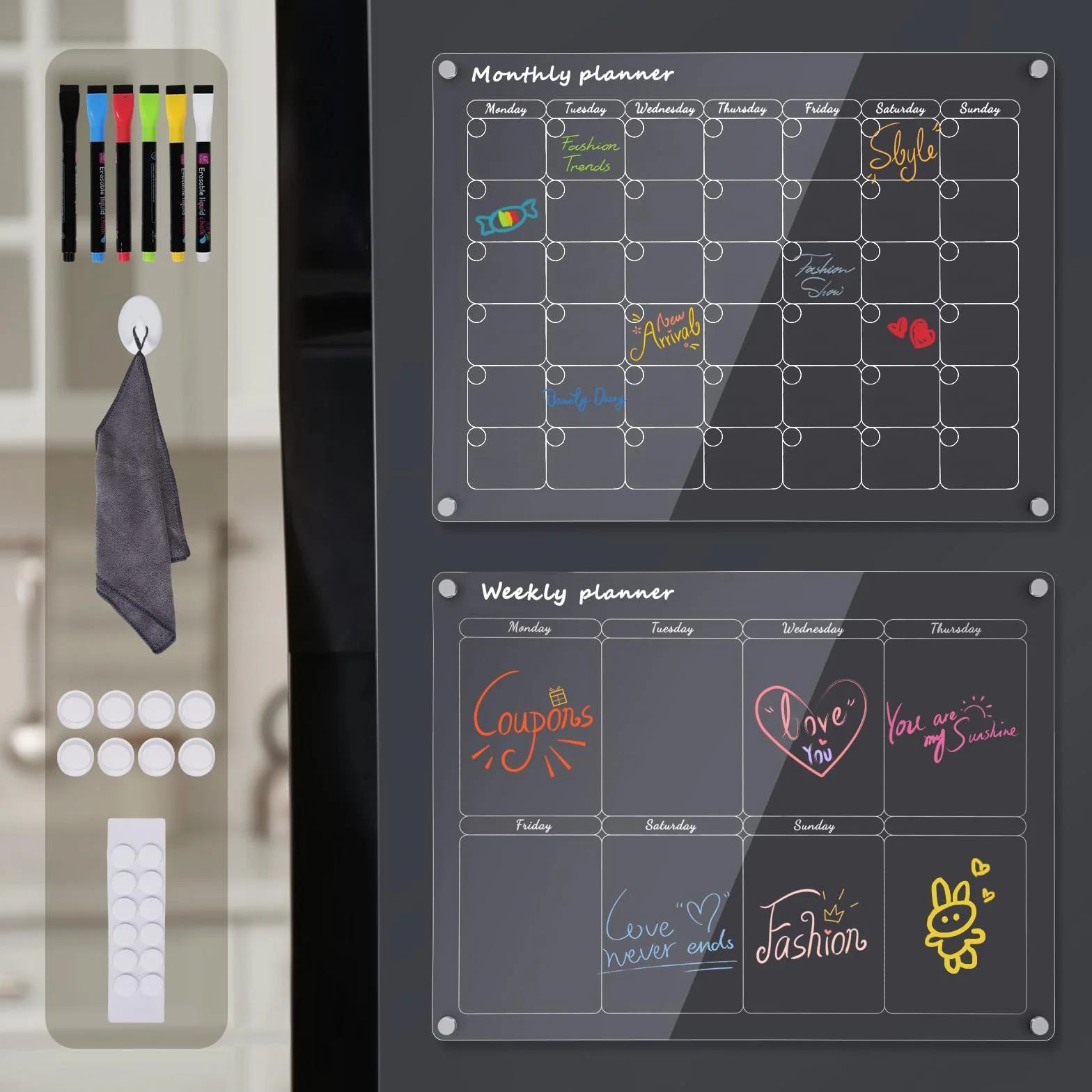 Calendario Magnetico Nevera Transparente,1 lote de 2 Borrable Pizarras Magnetica Nevera para Organizar, planificar menús y hacer la lista de la compra