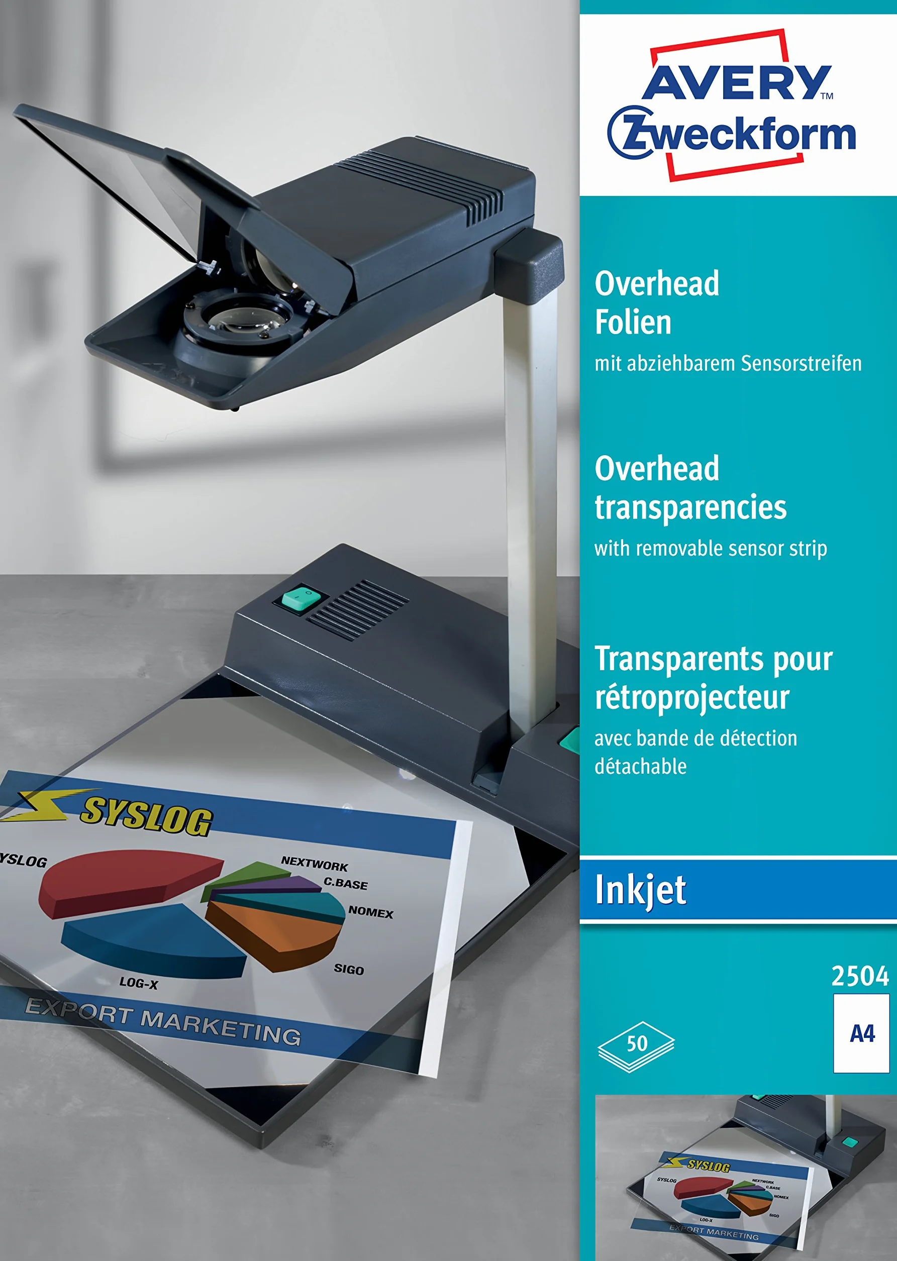 Avery Zweckform 2504 - Transparencias para proyectores (0,11 mm, con banda de detección extraíble, 50 unidades)