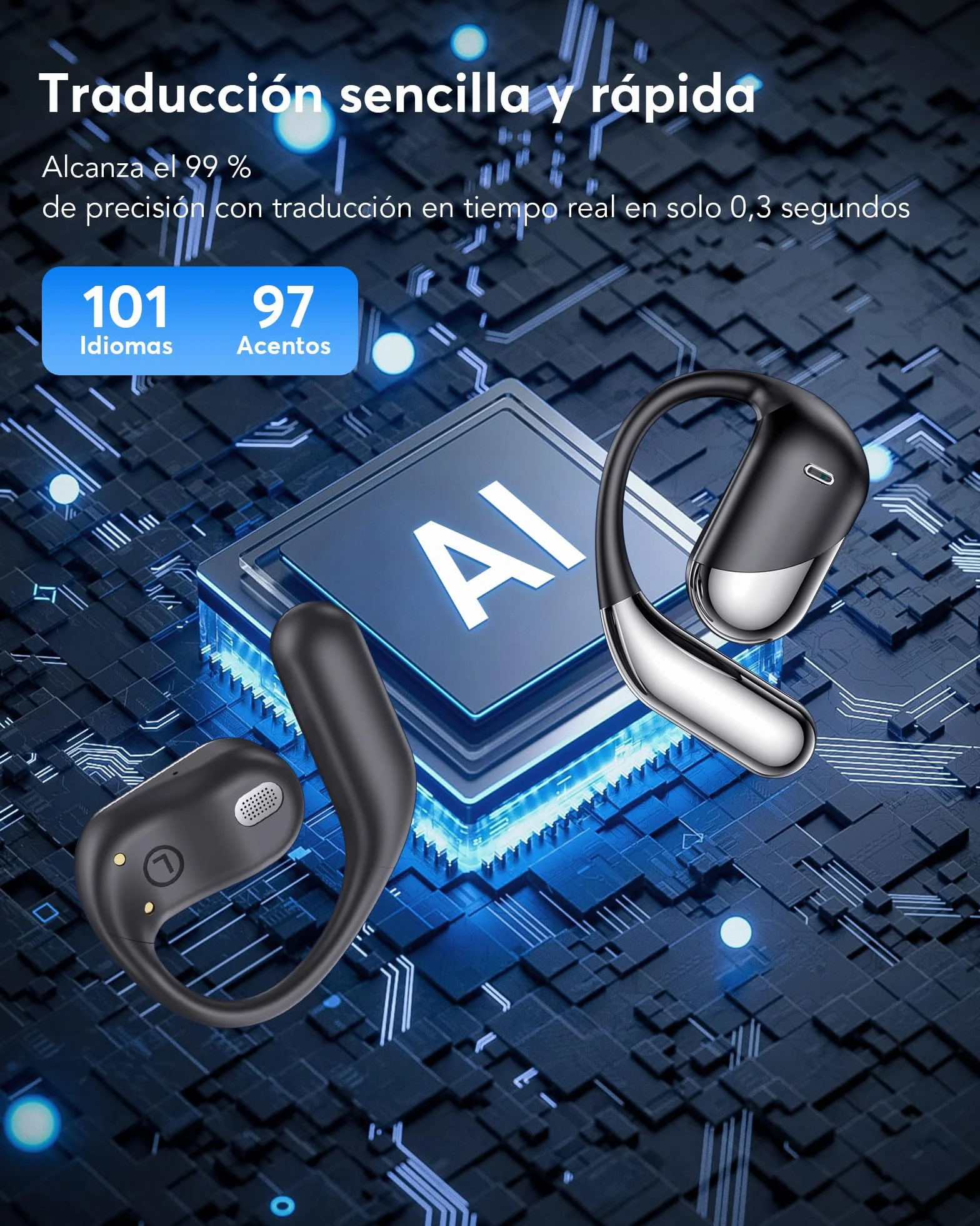 Paekole Auriculares Traductor en Tiempo Real con IA, Traductor Instantáneo de Voz 198 Idiomas, Auriculares Traductores Inalámbricos Abiertos 3 en 1, Bluetooth 6.1, 60H Batería para Reuniones y Viajes