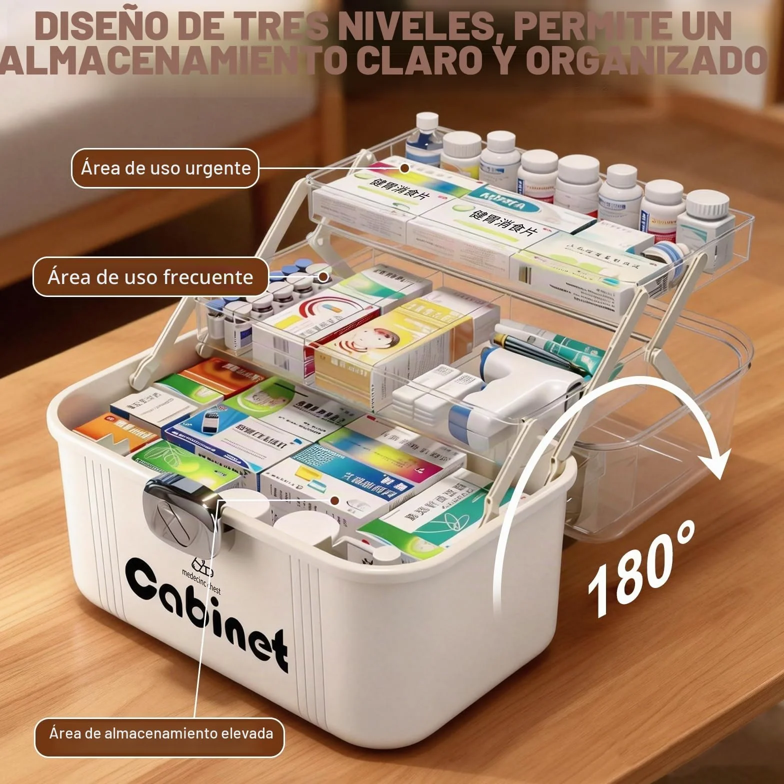 Caja Medicamentos & Medicine Organizer – Caja Almacenaje Plástico 3 Niveles con Asa, Gran Capacidad para Hogar, Viajes, Uso Diario (31.5 x 22.5 x 21.5 cm)