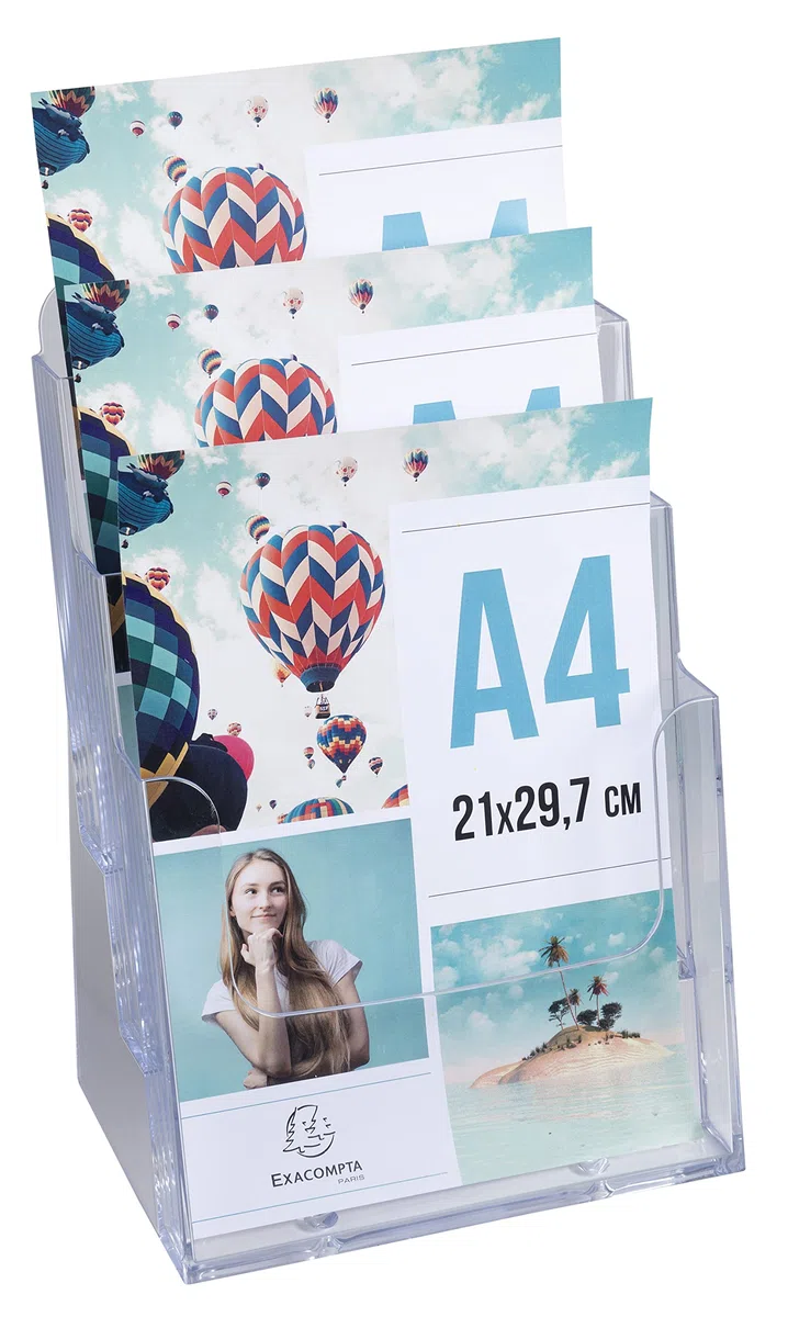 Exacompta – 74158D – Set de 4 dispensadores de folletos de sobremesa – 3 compartimentos – Monobloc – Dimensiones: Prof. 15,5 x ancho 23,7 x Alto 33,9 cm – Formato para archivar A4 – Cristal