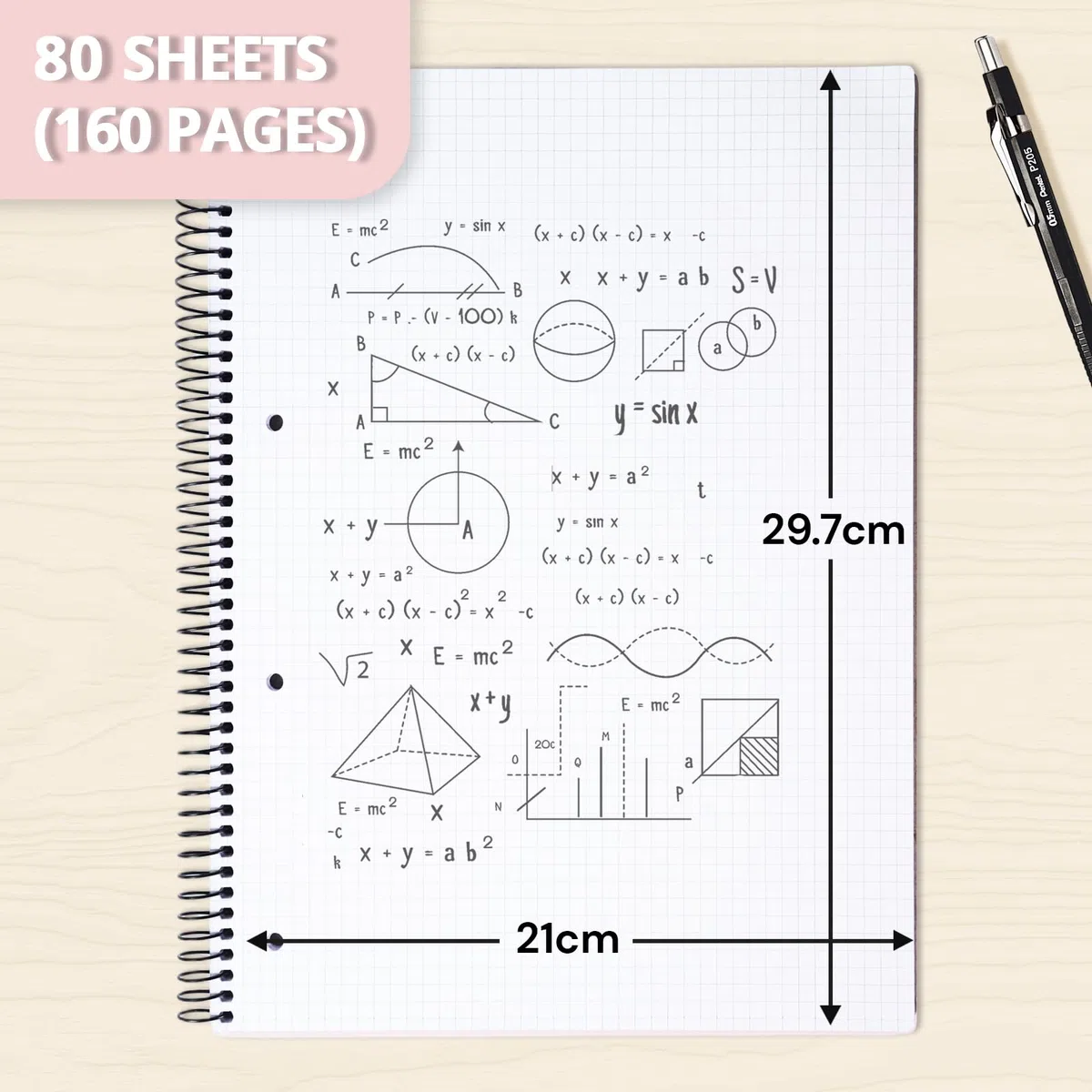 ONAVIA Pack 6 Cuadernos de Cuadrícula A4, 80 Hojas Papel 90g/m², Negro | Cuadrícula 5 mm con Espiral, 4 Perforaciones, Libreta para Matemáticas, Ingeniería, Repasos y Planificación Diaria
