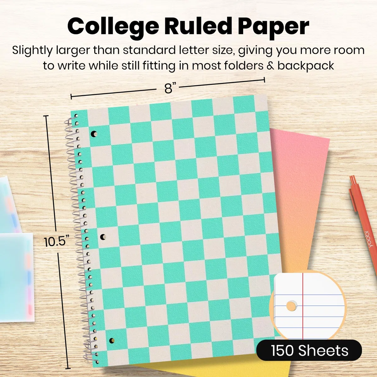 Yoobi Juego de cuadernos en espiral de rayas anchas, paquete de 3 cuadernos de 1 materia, diseños rosa brillante, azul y verde, 150 hojas perforadas de 3 agujeros cada una, para la escuela, la oficina