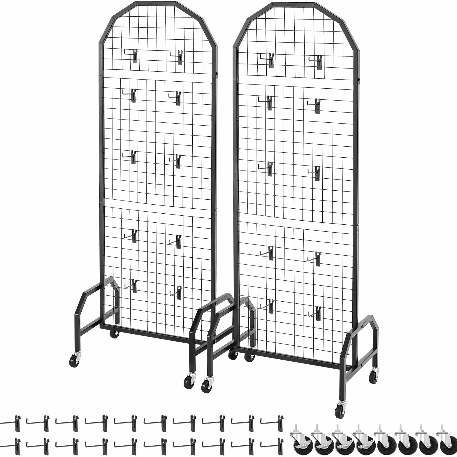 VEVOR Paneles de Pared de Rejilla 2 Unidades Expositor 60 x 40 x 164 cm con Ruedas y 20 Ganchos Estantes de Acero al Carbono Negro