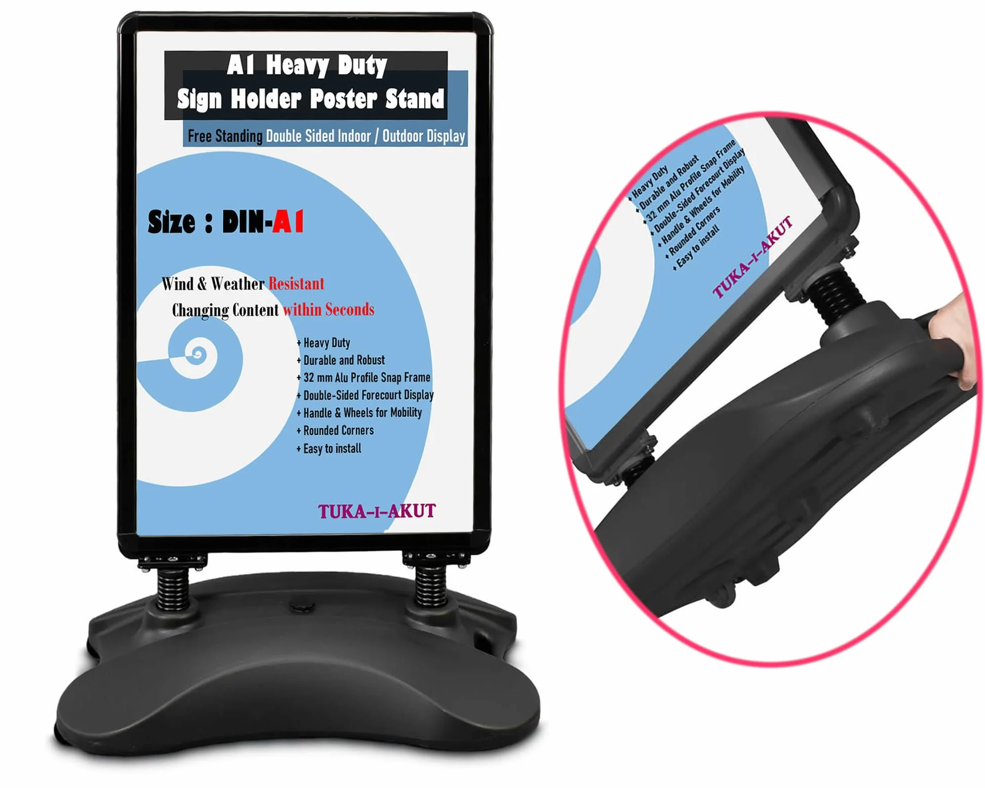 TUKA-i-AKUT DIN A1 Soporte para Carteles, Doble Cara, Robusto Expositor de Póster con Ruedas y Marco de Aluminio, Base Resistente, Soporte Publicitario Estable Interiores y Exteriores, TKD8425 Negro