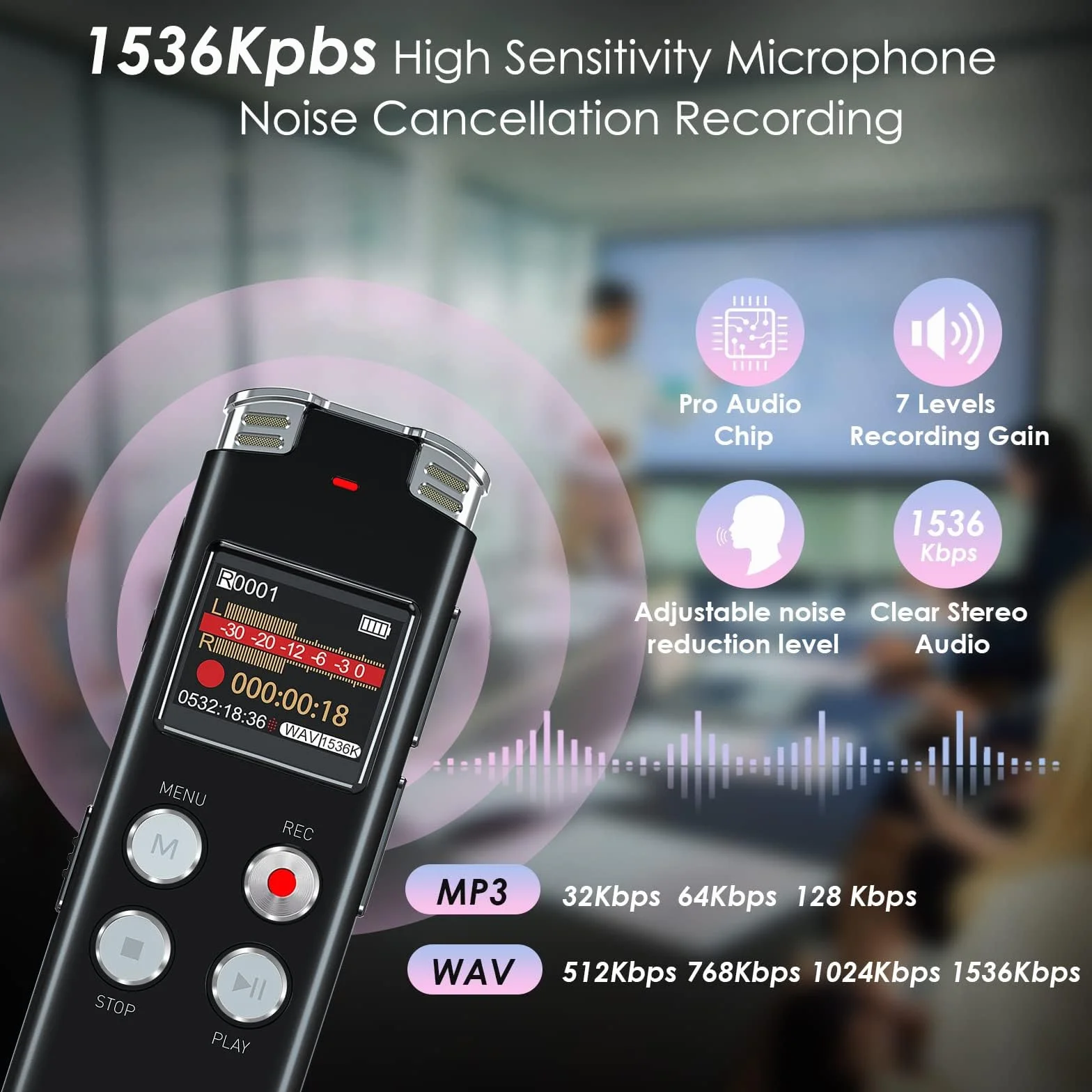 EVISTR Grabadora de Voz Digital 64GB con Activación por Voz y Reproducción MP3