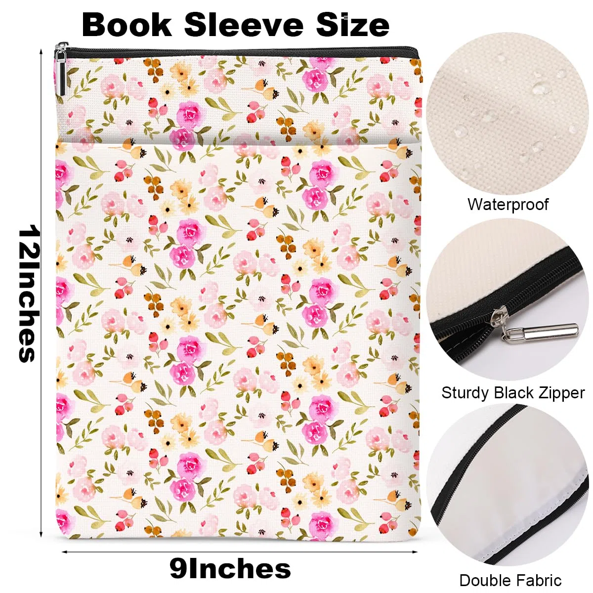 Funda impermeable con estampado floral de acuarela para amantes de los libros, con cremallera y bolsillo frontal, funda para libros para mujeres, niñas, lectores, esposa, accesorios de libros, regalos