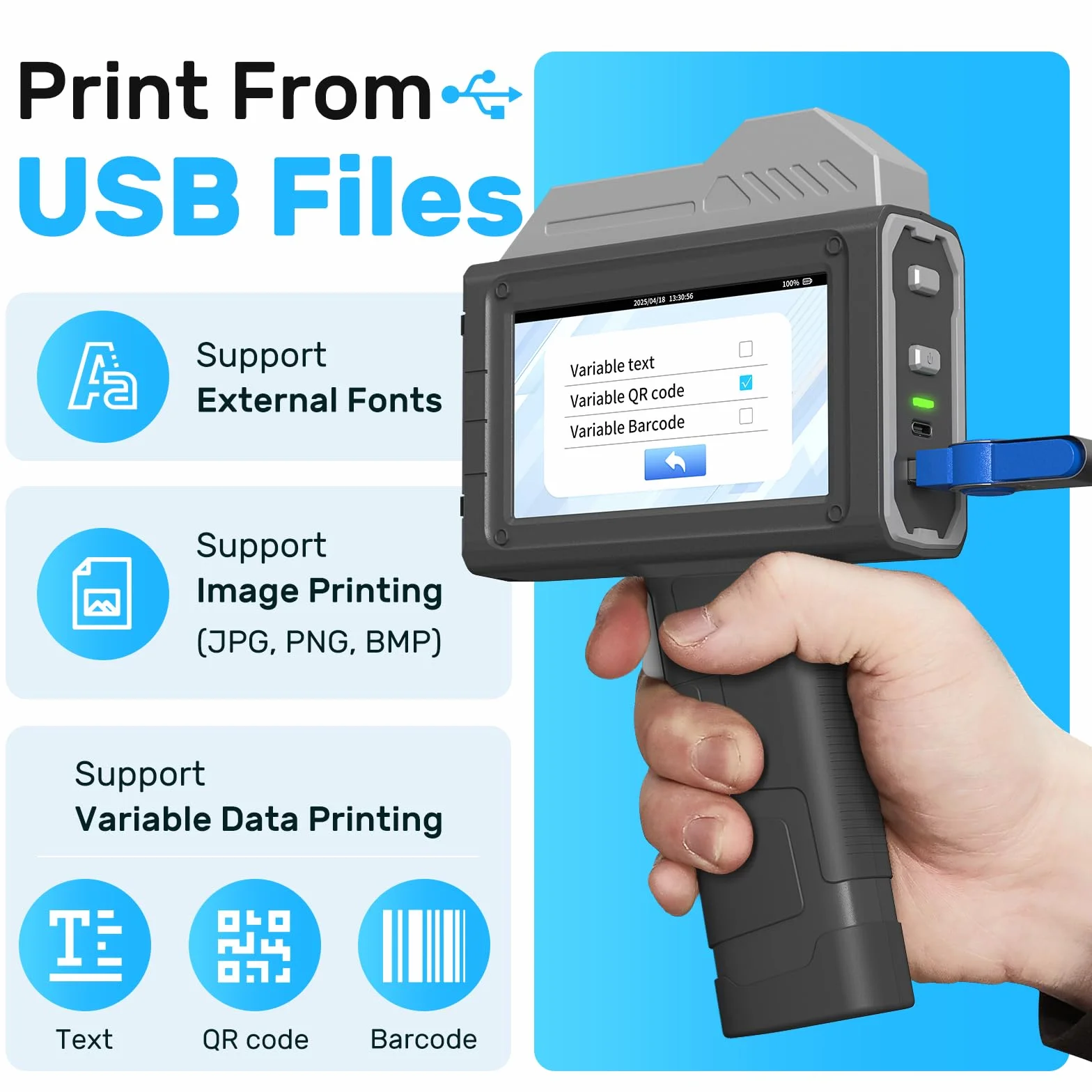 BENTSAI Impresora de inyección de Tinta portátil BT-HH6210B Cabezal de impresión de 25,4 mm con 18H de Larga duración para número de Lote, Fecha, Logotipo, impresión de código QR en