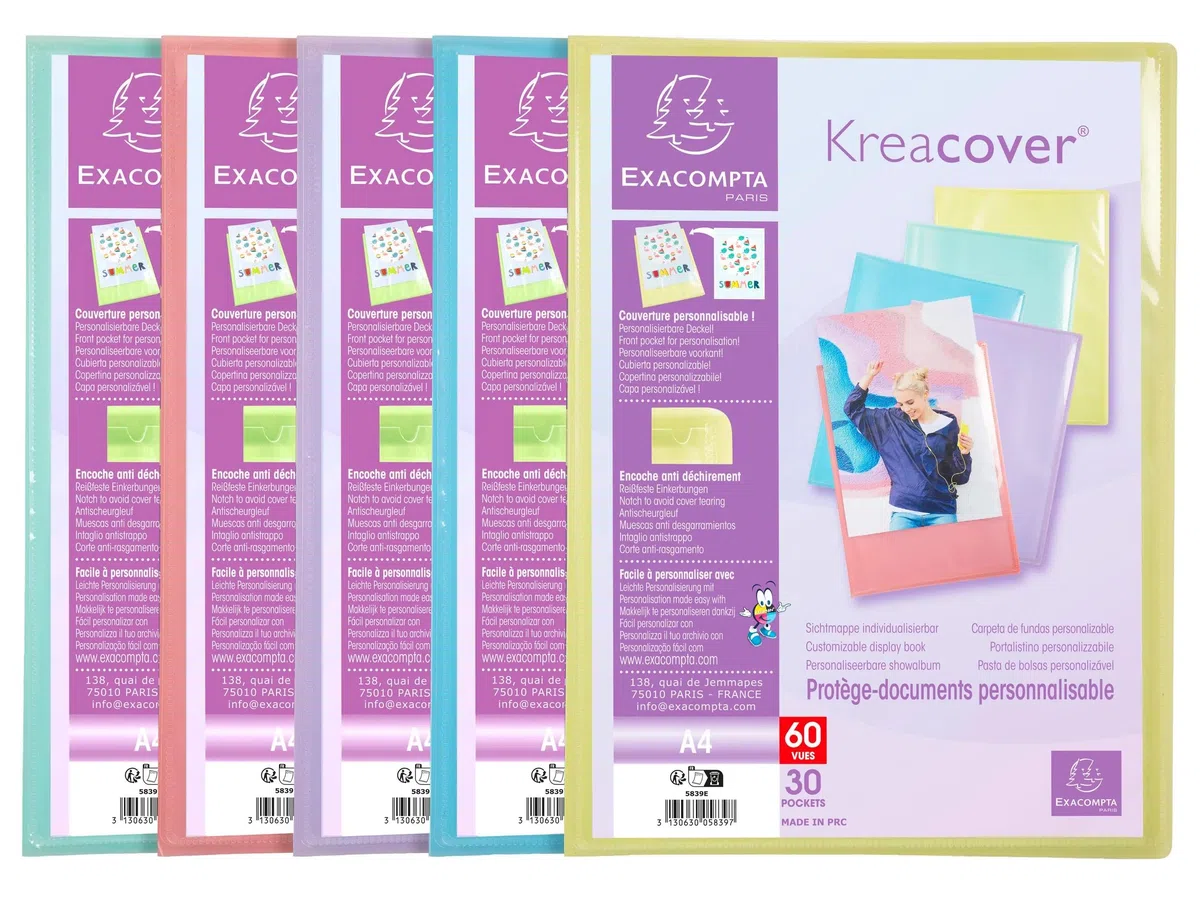 Exacompta - Ref. 5839E Kreacover Pastel - Caja de 10 fundas de documentos personalizable (30 fundas de cristal liso, 60 vistas, para A4, 24 x 32 cm, tapa de polipro semirrígida)