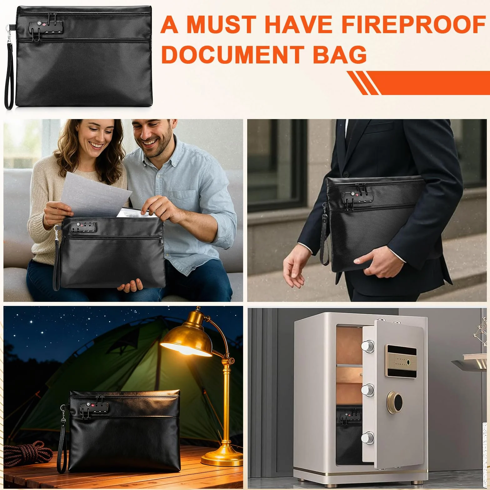 Bolsa de Documentos Resistente al Fuego de 6400°F con Cerradura de Combinación - Bolsa para Dinero Resistente al Calor para Efectivo, Pasaportes, Escrituras, Teléfonos, Bolsa Impermeable Resistente al