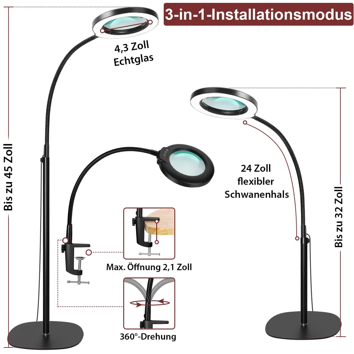 Veemagni 12X Lupa con Lentes de Cristal auténtico con luz y Soporte, 5 Modos de Color, Regulable sin escalonamientos, lámpara de Aumento LED 3 en 1, Lupa de pie, Manos Libres para Leer o Pintar.