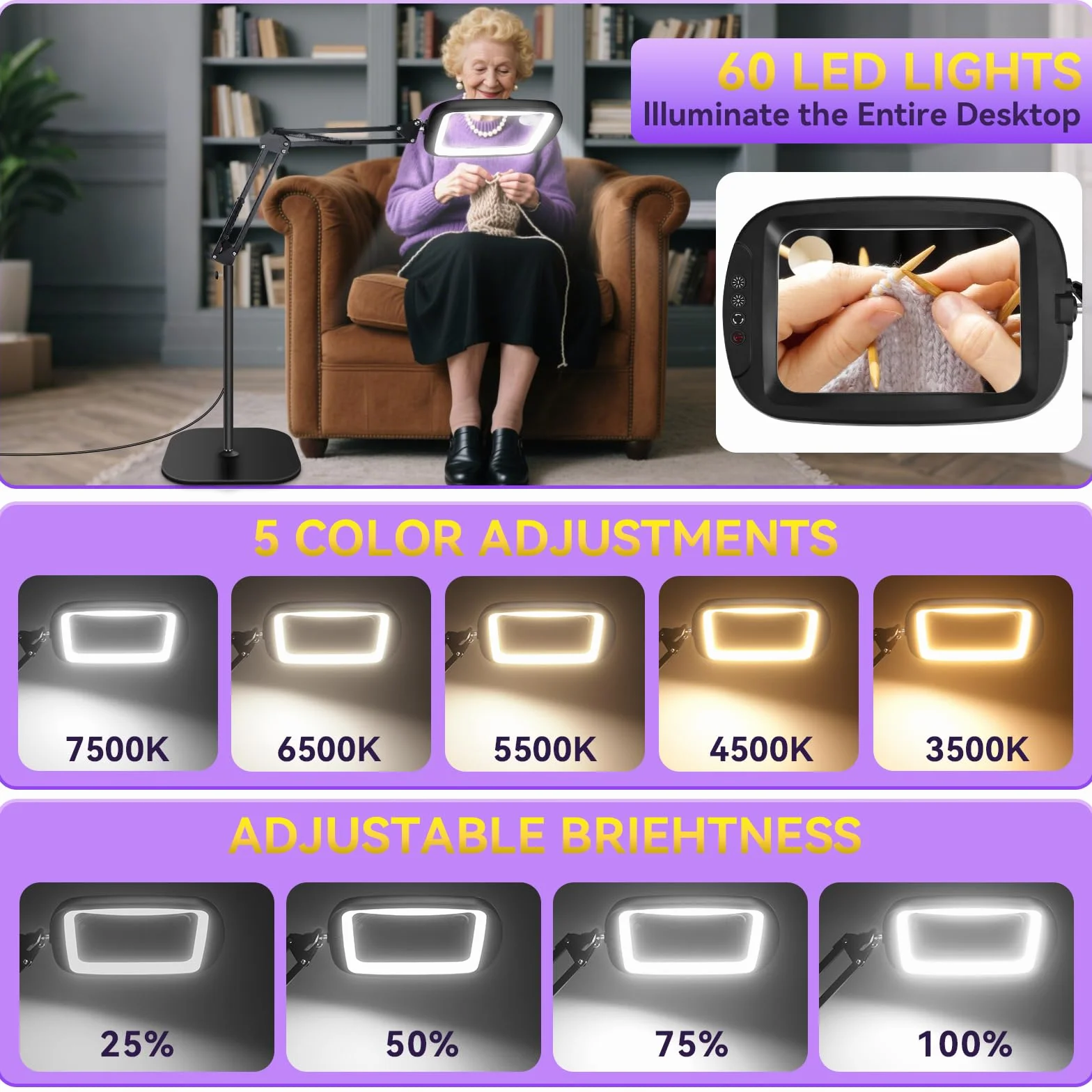NZQXJXZ 10X 30X Lupa con Luz y Soporte, 2 en 1 Lámpara de Aumento de Piso | con 60 LED de Brillo Ajustable, 5 Modos de Color, Lupa Iluminada para Trabajos de Cerca, Costura, Manualidades, Pasatiempos