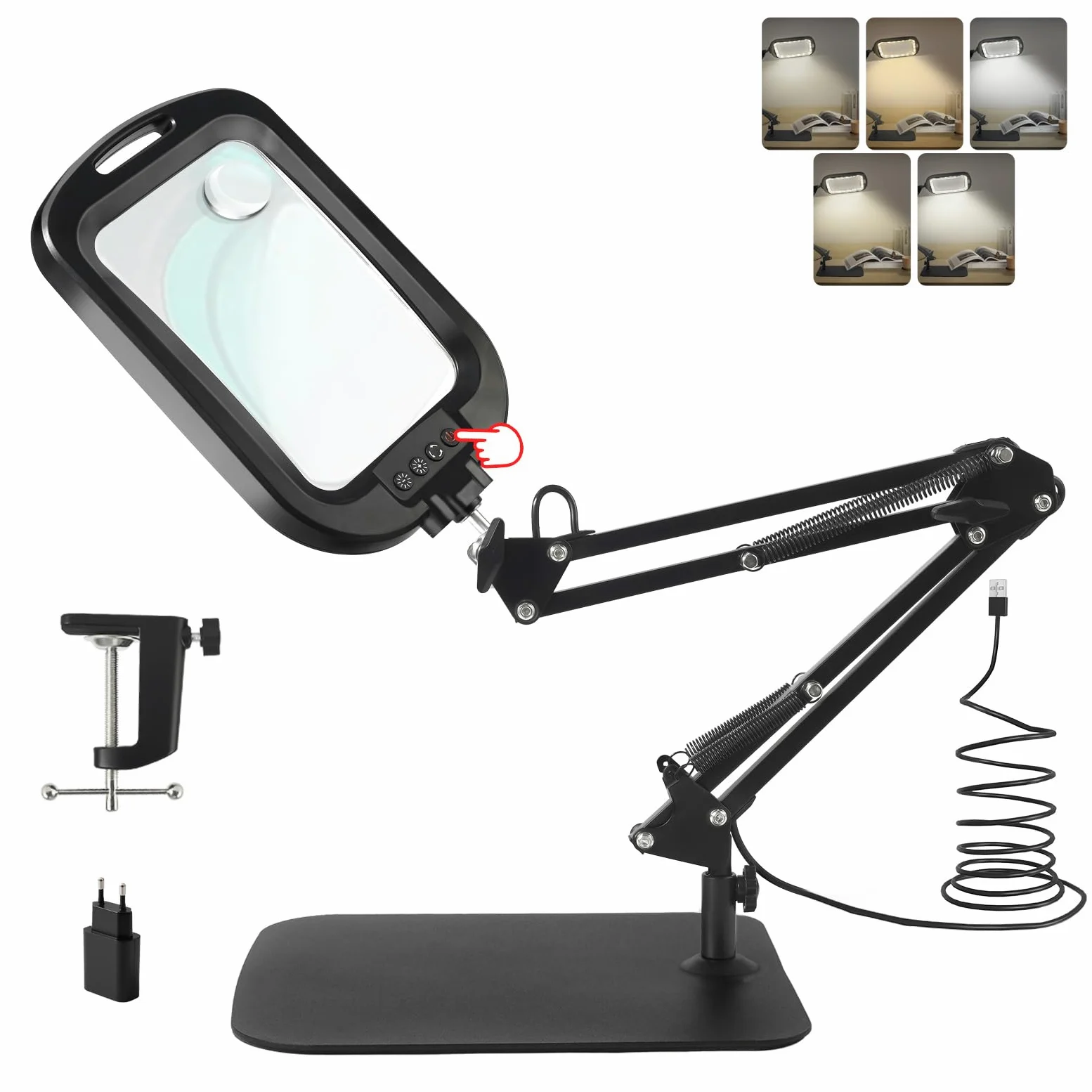 GABORISH 10 x 30 lupa de mesa con luz y soporte, lupa rectangular con 60 LED, 5 modos de color y regulable lupa de pie libre con luz, 2 en 1 lupa con abrazadera y base delantera