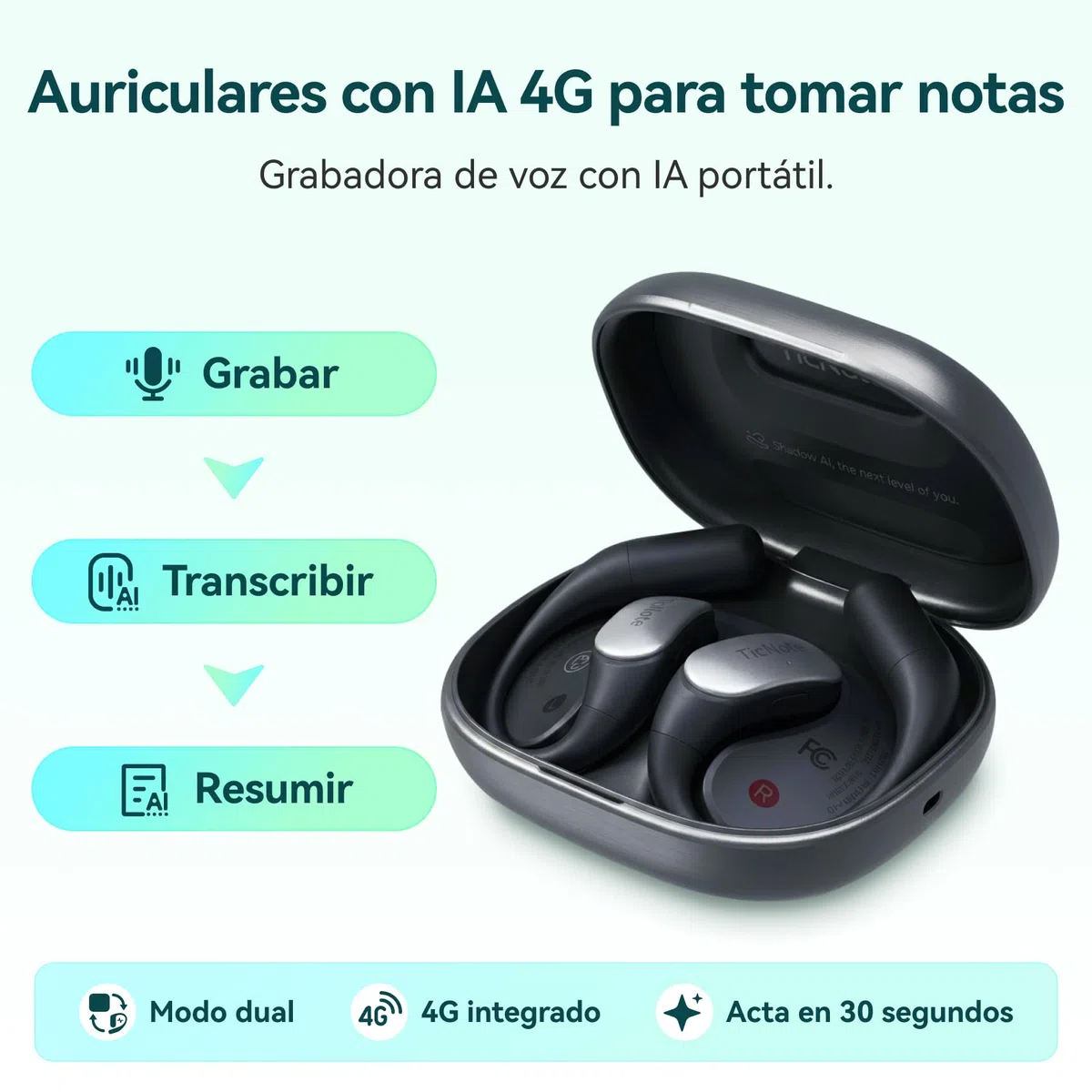 TicNote Pods Grabadora de Voz portátil, 4G Integrado, sin Necesidad de teléfono: Dispositivo de grabación Activado por Voz con transcripción automática y Notas de reuniones