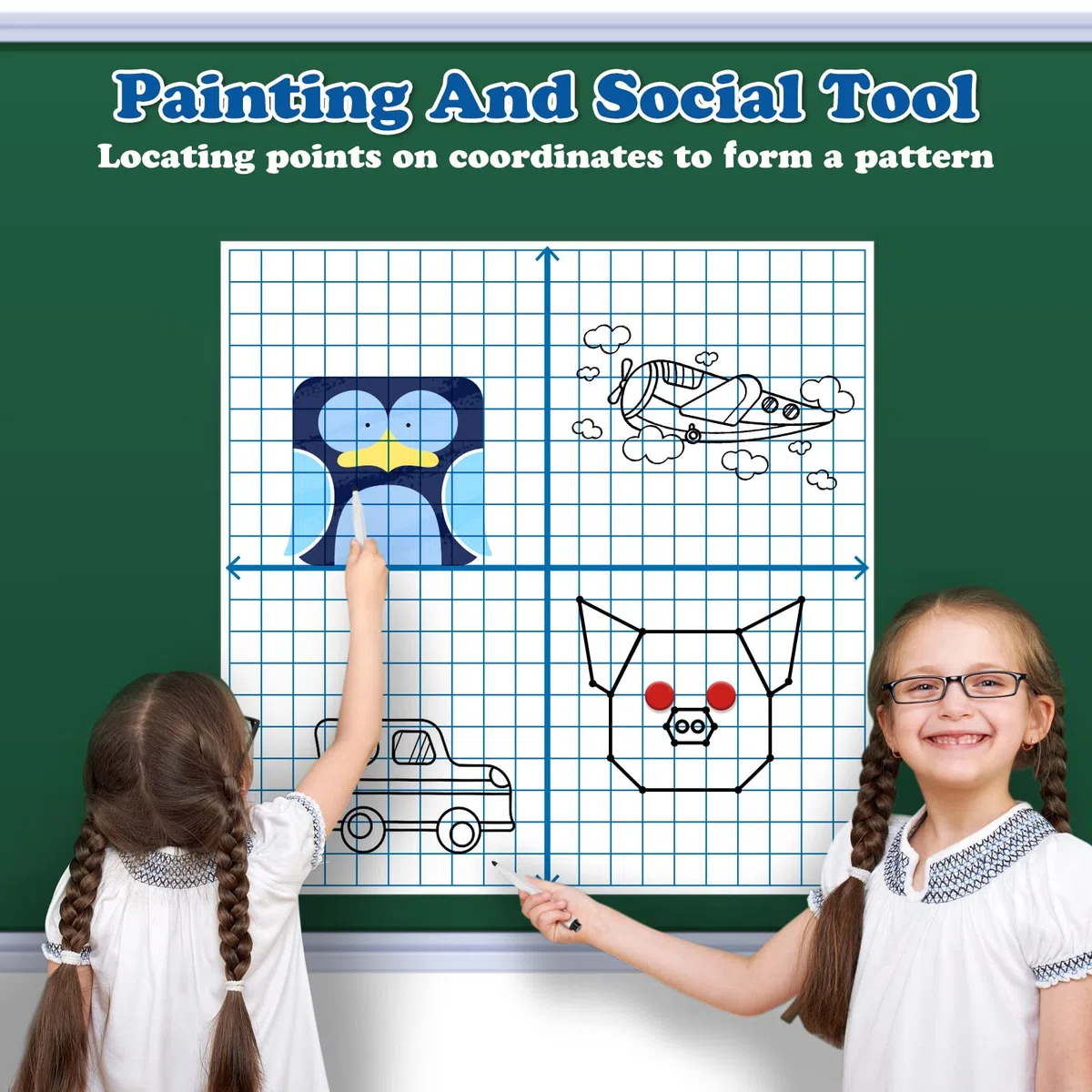Aizweb Jumbo, cuadrícula magnética XY de borrado en seco, tablero gráfico de 66 x 66 cm para suministros de aula escolar, pizarra blanca magnética con mostradores, manipuladores de matemáticas para la
