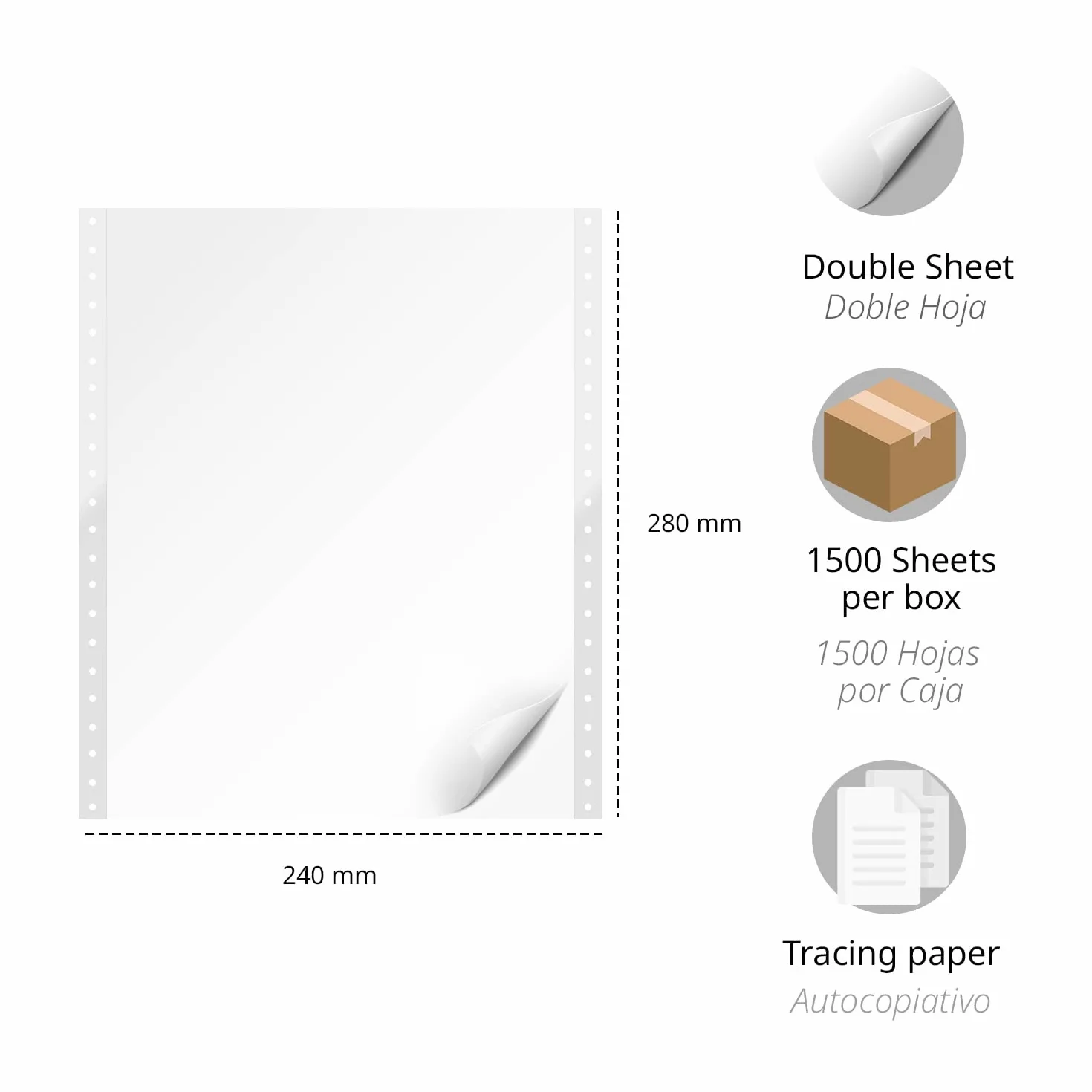 OFITURIA Papel Continuo Blanco, Doble Hoja, Autocopiativo con Trepado, Hojas Plegadas en Zig Zag, Medidas 240 mm x 279 mm A4 - 1500 Hojas