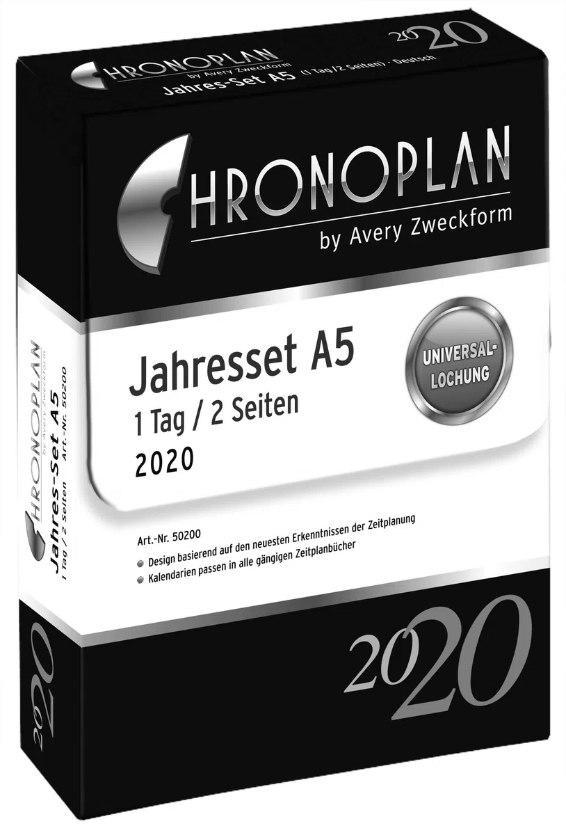 Chronoplan 50200 - Recambio para agenda 2020 (juego anual A5 con planes diarios (148 x 210 mm), calendario de repuesto, ideal para planificación diaria profesional, multiperforación (1 día en 2