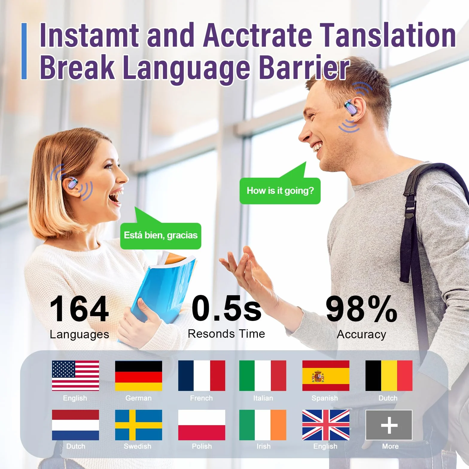 2026 AI Auriculares Traductores de Idiomas, Bluetooth 5.4 Traducción Audífonos de traducción en Tiempo Real 164 Idiomas, Morado