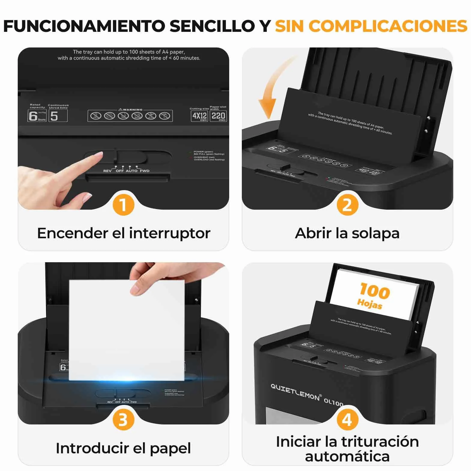 100 Hojas trituradora de Papel con alimentación automática, 40 min de Funcionamiento Continuo, P-4, Destructora Documentos Eléctrica Papelera 17L Oficina Casa Industrial Hogar