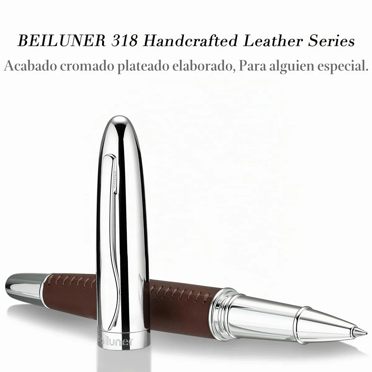 BEILUNER 318 Bolígrafo Roller de Lujo en Piel, Pelle Premium Cosida a Mano & Acabado Cromado, Recambio Schmidt, Mejor Set de Regalo Ejecutivo para Hombre y Mujer, Pluma Rellenable - Marrón