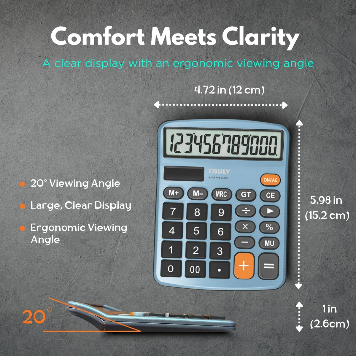 TRULY Calculadora de escritorio de 12 dígitos con pantalla grande, botones grandes, doble alimentación (solar + batería), acabado metálico, ideal para oficina, hogar, escuela - 837A Pro azul claro