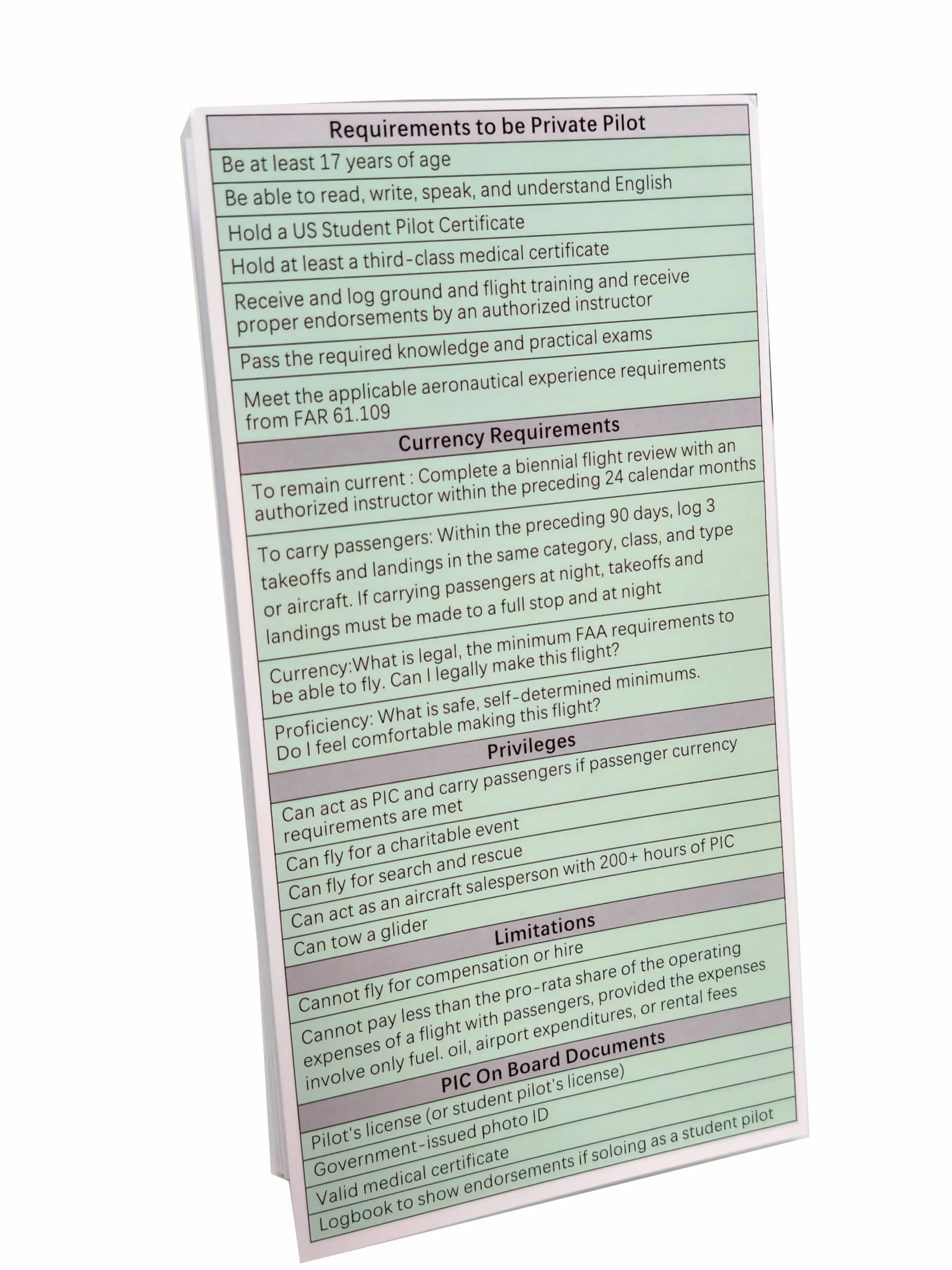 Guía de examen oral para pilotos estudiantiles, preparación plegable FAA PPL Checkride | Clima, navegación, espacio aéreo, marcas de pista y elementos esenciales VFR | Hoja de trucos laminada para