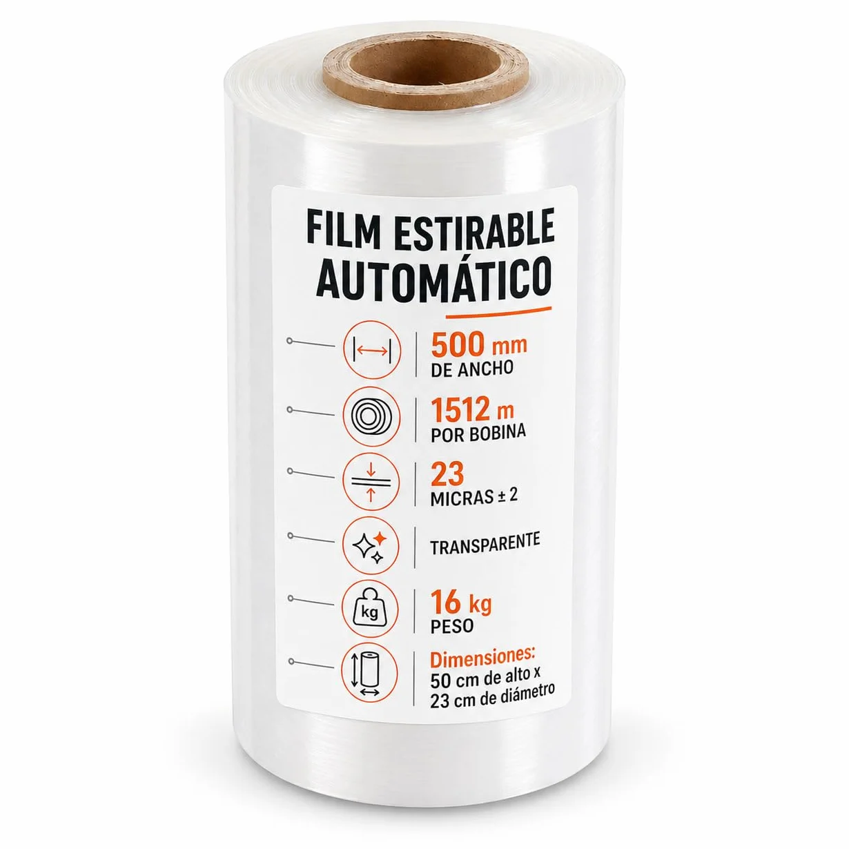 Film Estirable Automático Transparente 500 mm x 1512 m – Bobina Industrial 16 kg – 23 Micras ±2 – Plástico Stretch Film para Enfardadora Automática, Paletizado, Embalaje y Logística Profesional