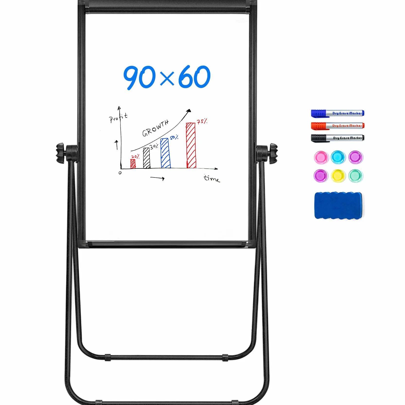 maxtek Pizarra Blanca Magnética 90 X 60 cm, Pizarra con U-Caballete, Doble Cara Whiteboard Marco de Aluminio, Altura Ajustable Pizarra de Borrado en Seco, Papel para Rotafolio MóVil con Gancho