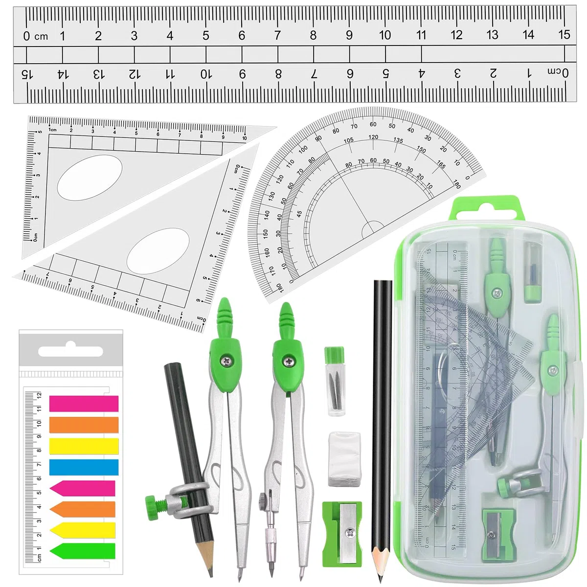 Akuoly Set de Geometría Compases Matemáticas para estudiantes con transportador en estuche de transporte