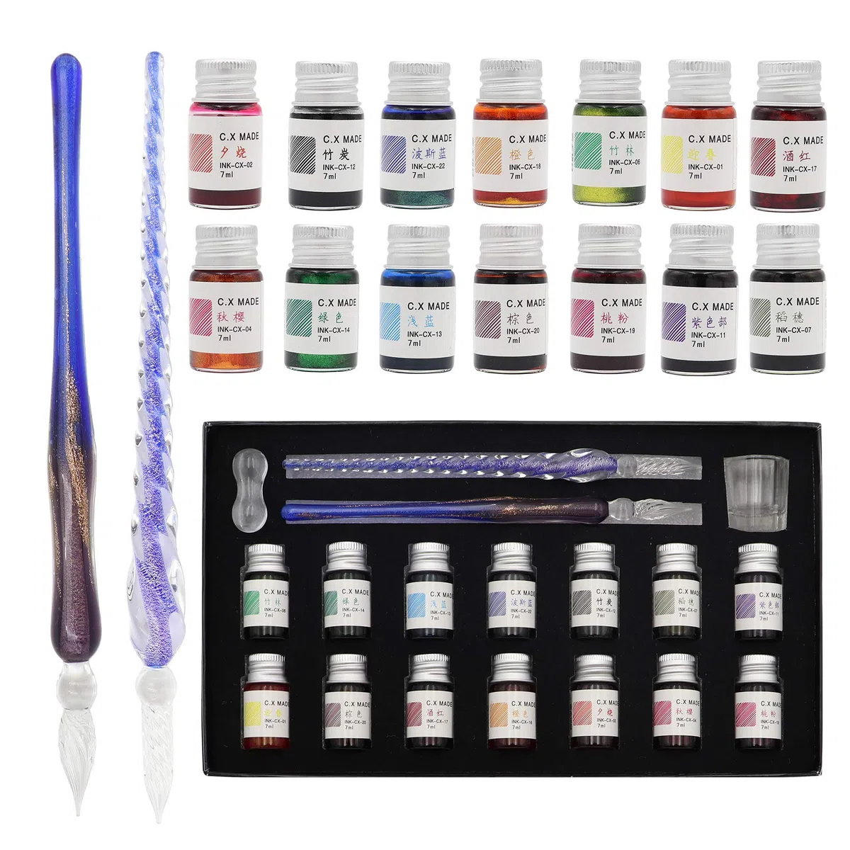AXEARTE Juego de bolígrafos de caligrafía de cristal, 18 piezas de 14 tintas de colores, soporte para bolígrafos, taza de limpieza, 2 bolígrafos de cristal para arte, escritura, dibujo, firmas, regalo
