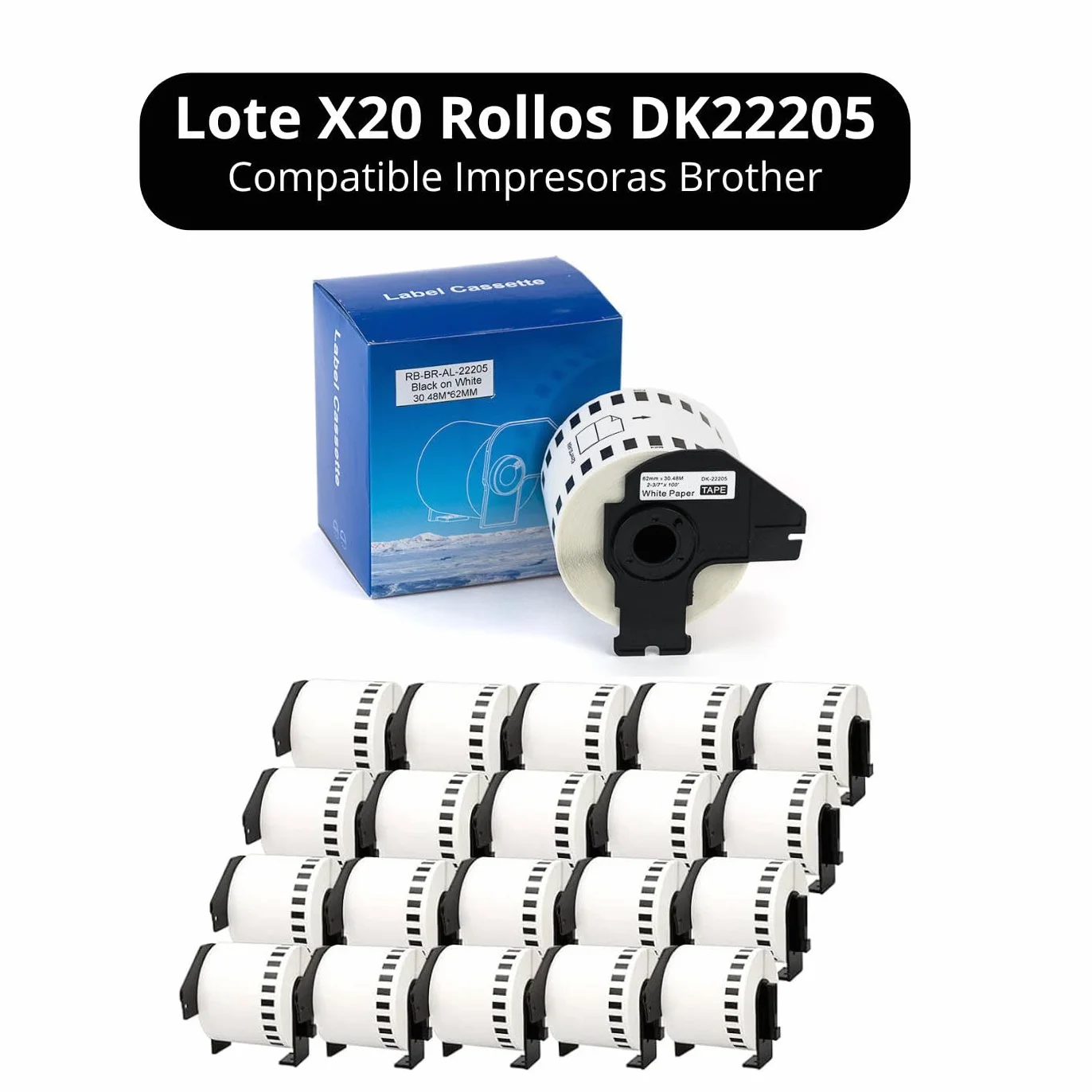 PACK 20 Rollos Etiquetas Premium DK-22205 Compatible [62mm x 30.48m] - Cinta continua de papel blanca para Brother P-Touch QL-500 550 570 700 710W 720NW 800 810W 820NWB 1050 1100