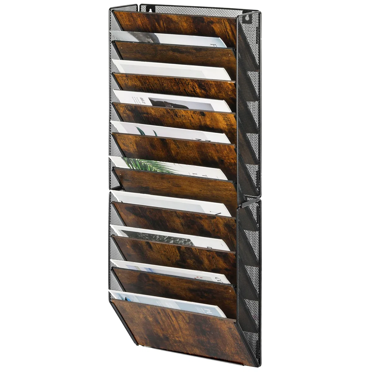 Revistero Pared 10 Niveles Metálico - Organizador Pared A4, Archivador Oficina Porta Documentos y Revistas, Carpeta Colgante para Archivos, Hogar Escuela (Negro/Antiguo)