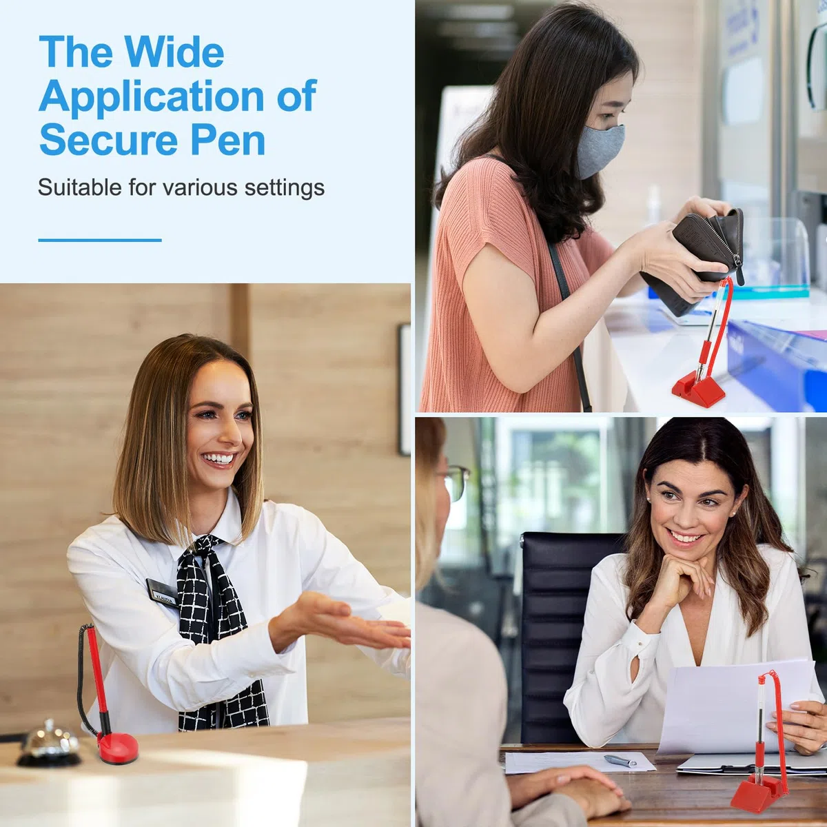 PATIKIL 9 Pcs Bolígrafo Seguro Con Cadena Adhesiva Y Soporte Para Bolígrafo, Bolígrafos De Recepción Para Escritorio Recambios De Tinta Negra Para Suministros, Negro