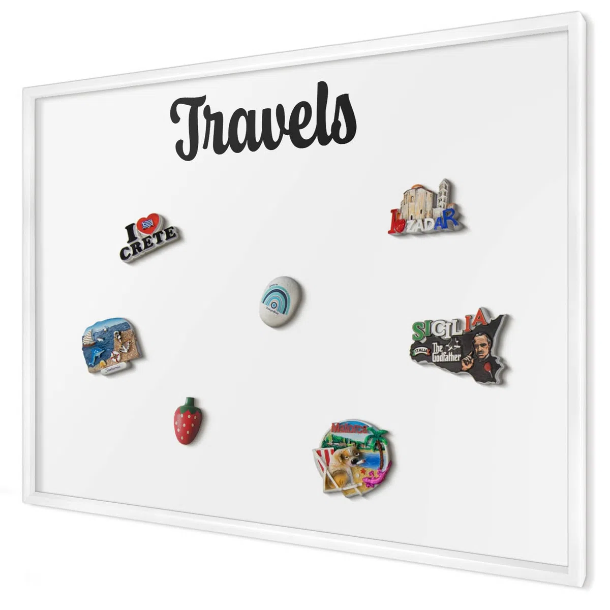 Panel Magnético 100x70 cm | con Marco Blanco | Travels | Montaje Fácil | Organizador de Pared | Para Recuerdos de Vacaciones | Expositor de Imanes de Nevera y Postales | Para Cocina
