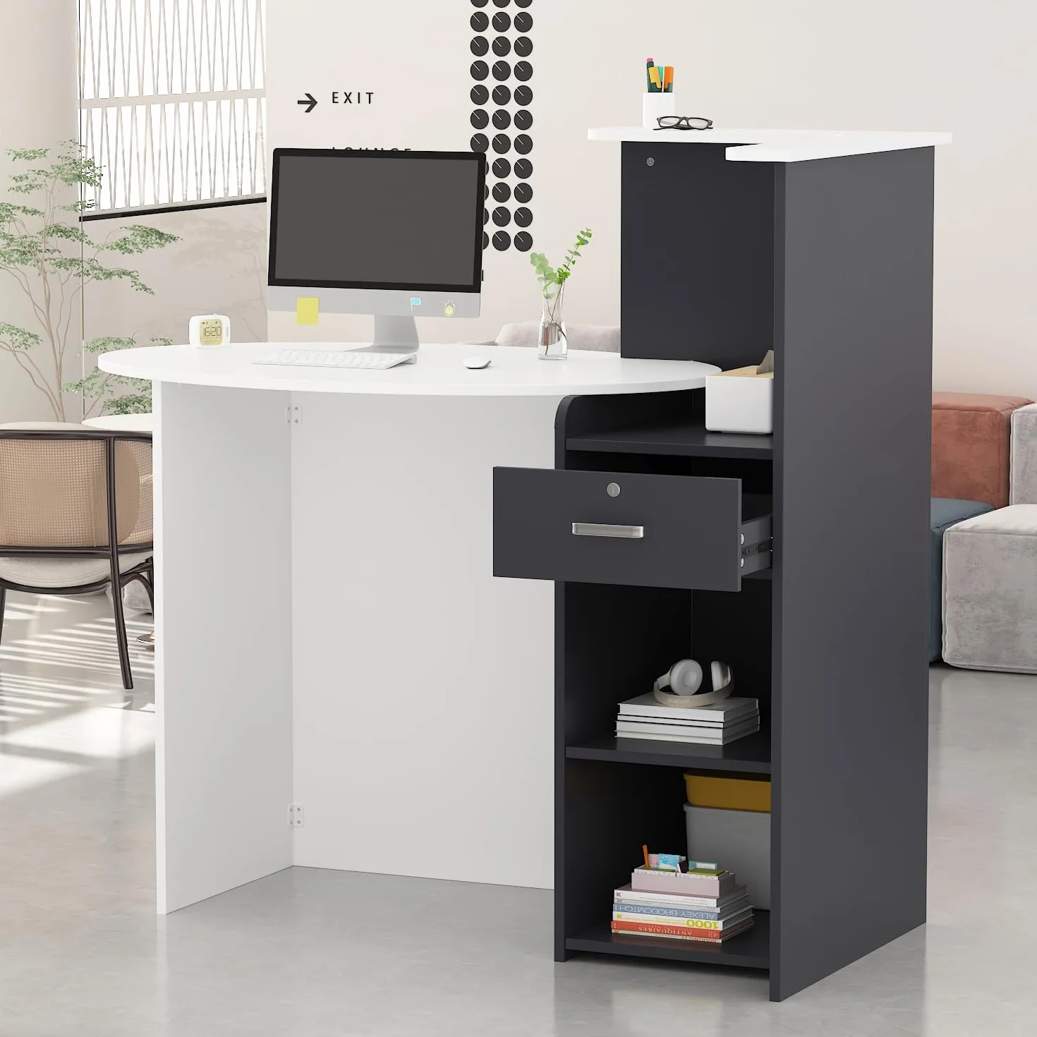 Mesa de Oficina Mueble Recepción Mostrador Basic MDF 40 x 121 x 110 CM Blanco y Negro