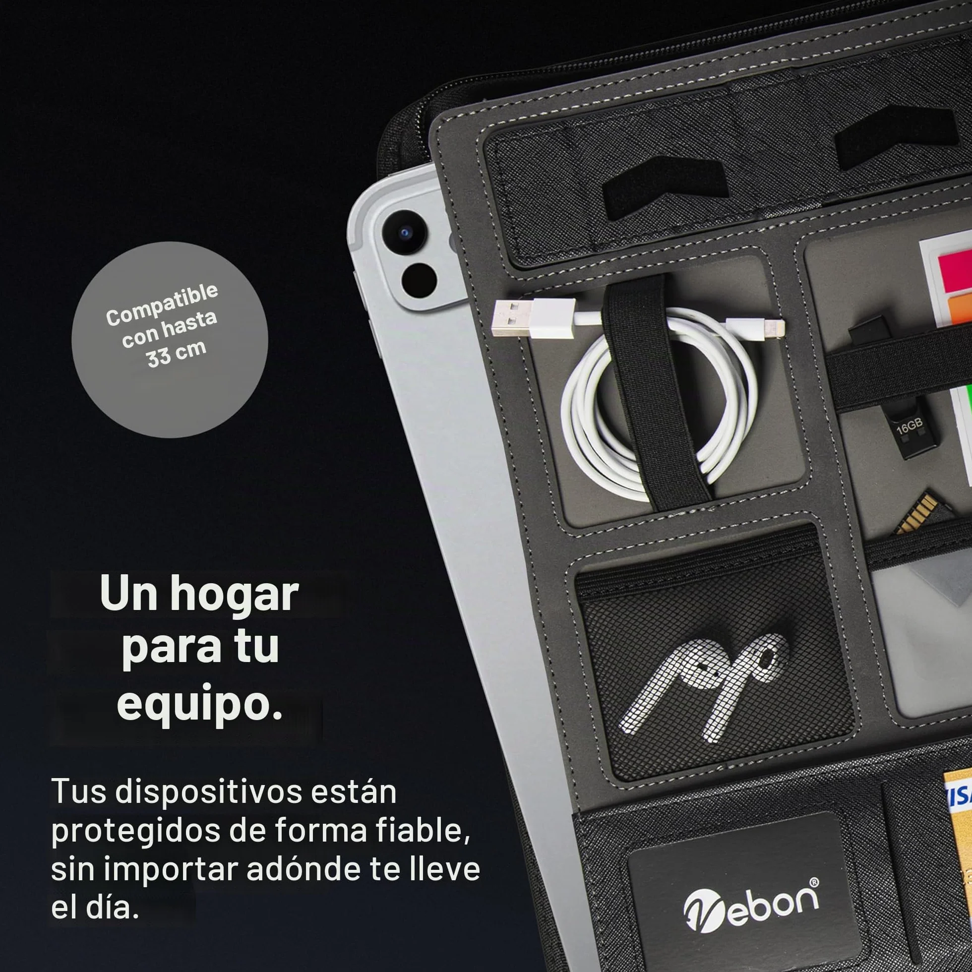 Vebon London Carpeta para documentos, tamaño A4, piel vegana, con cremallera, 2 en 1, carpeta y bolso para portátil, soporte para smartphone, negro