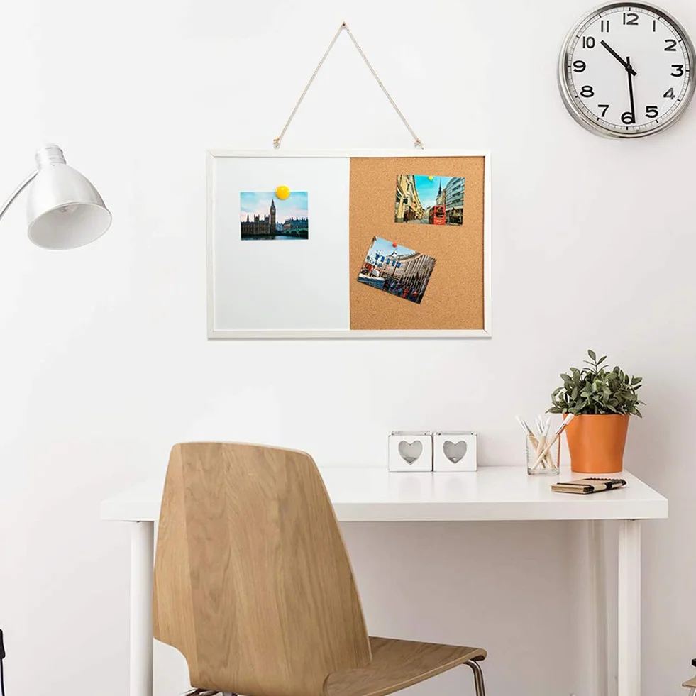 DOEWORKS 60 x 40cm Pizarra Mixta Pizarra Magnética Blanca & Tablón de Corcho, Tablero Combinado para Colgar, Tablero de Anuncios con Marco de Madera Blanco