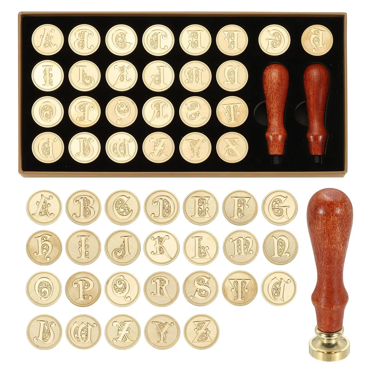 PATIKIL Kit De Sellos De Cera De Alfabeto Con 26 Letras A-Z, Sello Vintage Con 2 Mangos De Madera Y Caja De Regalo Para Invitaciones De Boda, Fiestas, Sobres Y Tarjetas, Estilo 7