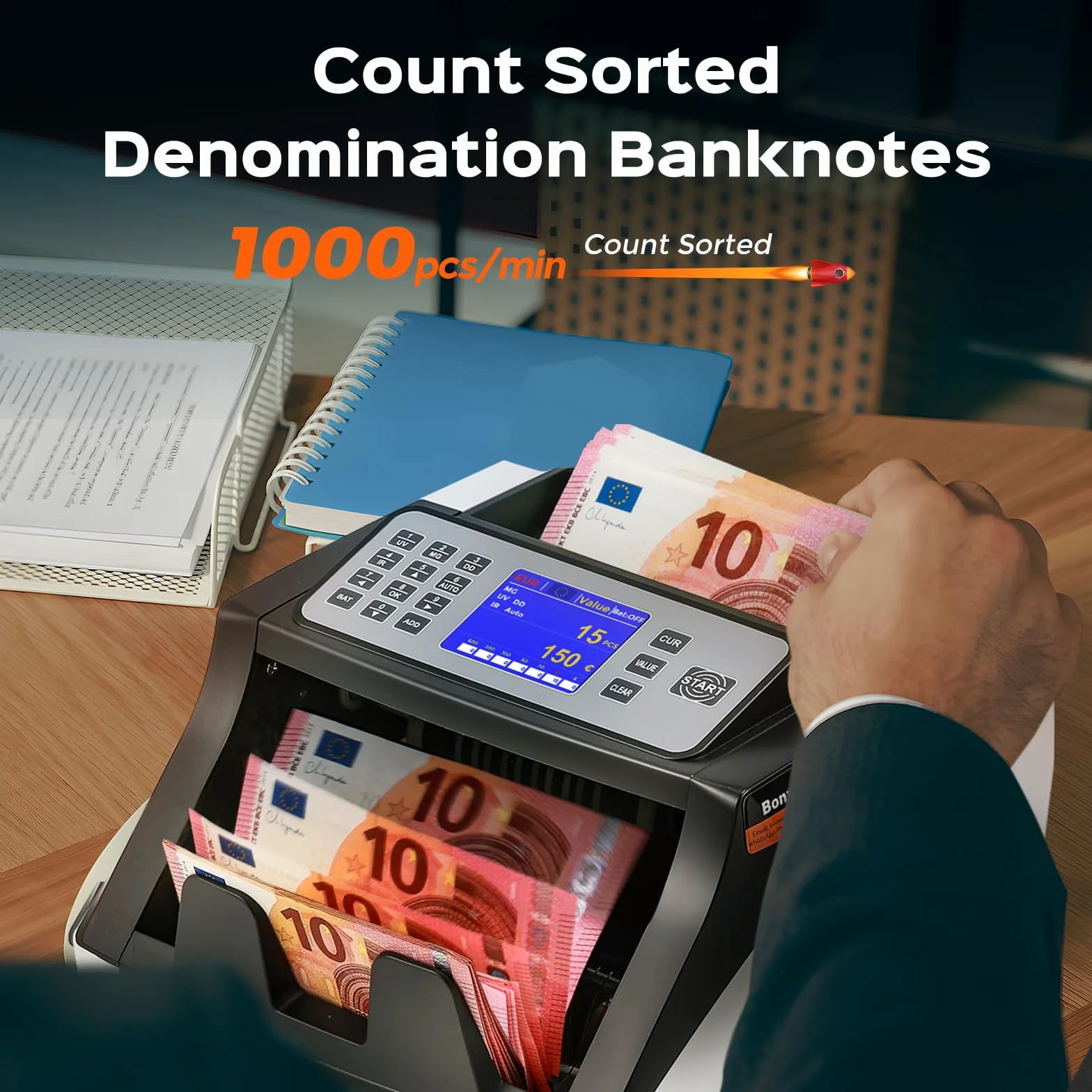 Bonvoisin Contadora de Billetes, Contador de Dinero con Detección UV/MG/IR/DD, 1000 piezas/min