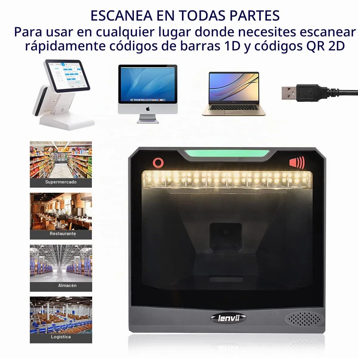LENVII E688 Escáner de código de Barras Lector de código de Barras 1D / 2D / QR, escáner de código de Barras omnidireccional automático, escáner de código de Barras de Escritorio para Windows/Mac