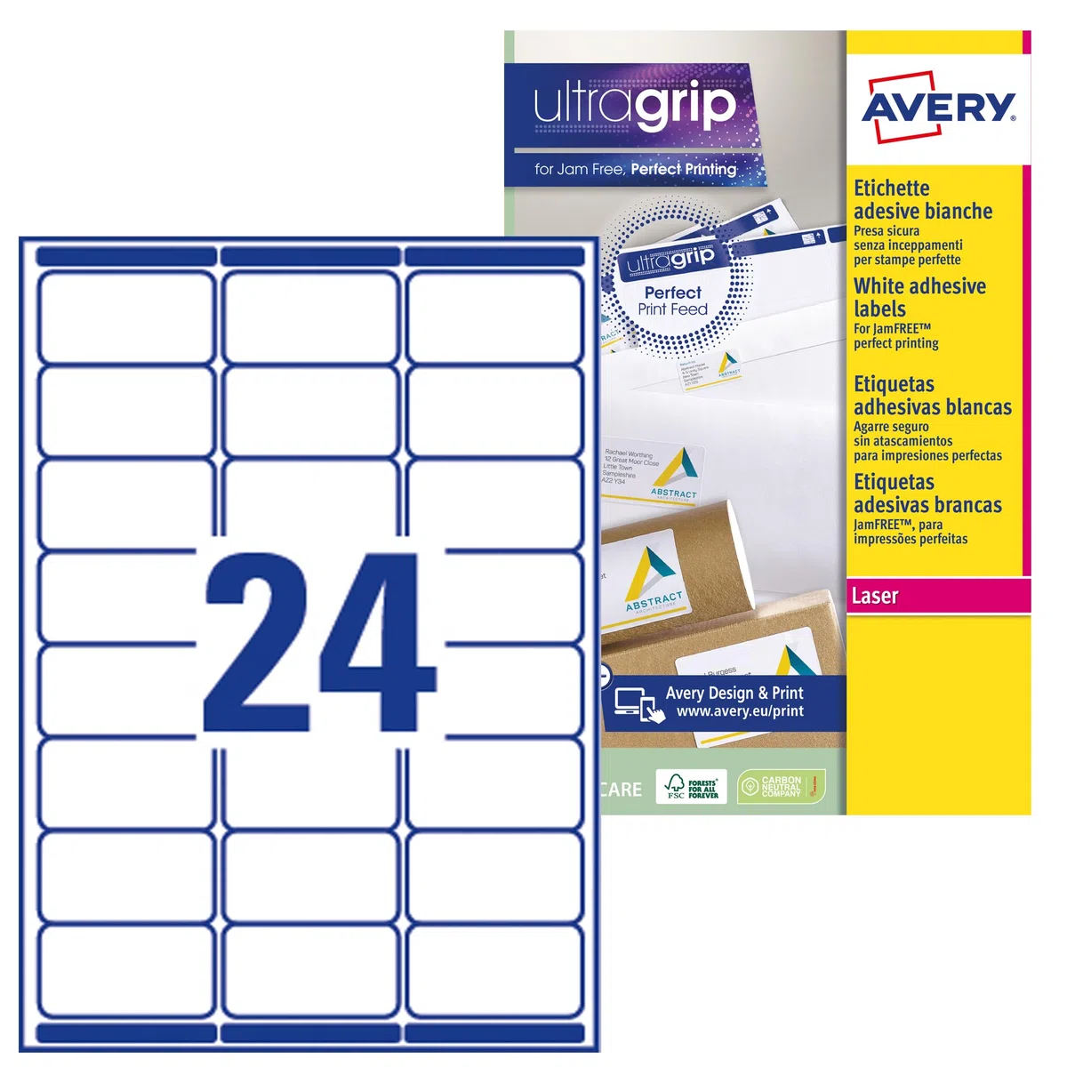 Avery España L7159-100-Etiquetas adhesivas blancas ideales para para envios paquetes, imprimibles, medida 63.5x33.9mm, Caja de 2400